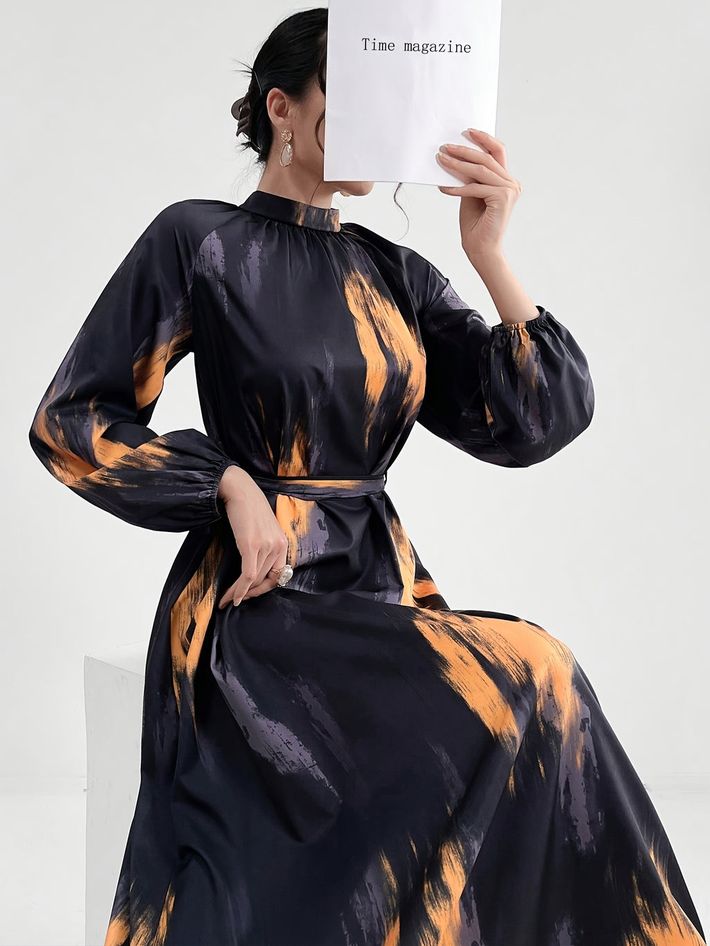 Women's Long Sleeve Geometric Print Maxi Dress with Belt - Polyester, Machine Washable, Long Length, Round Neck, All-Season Wear