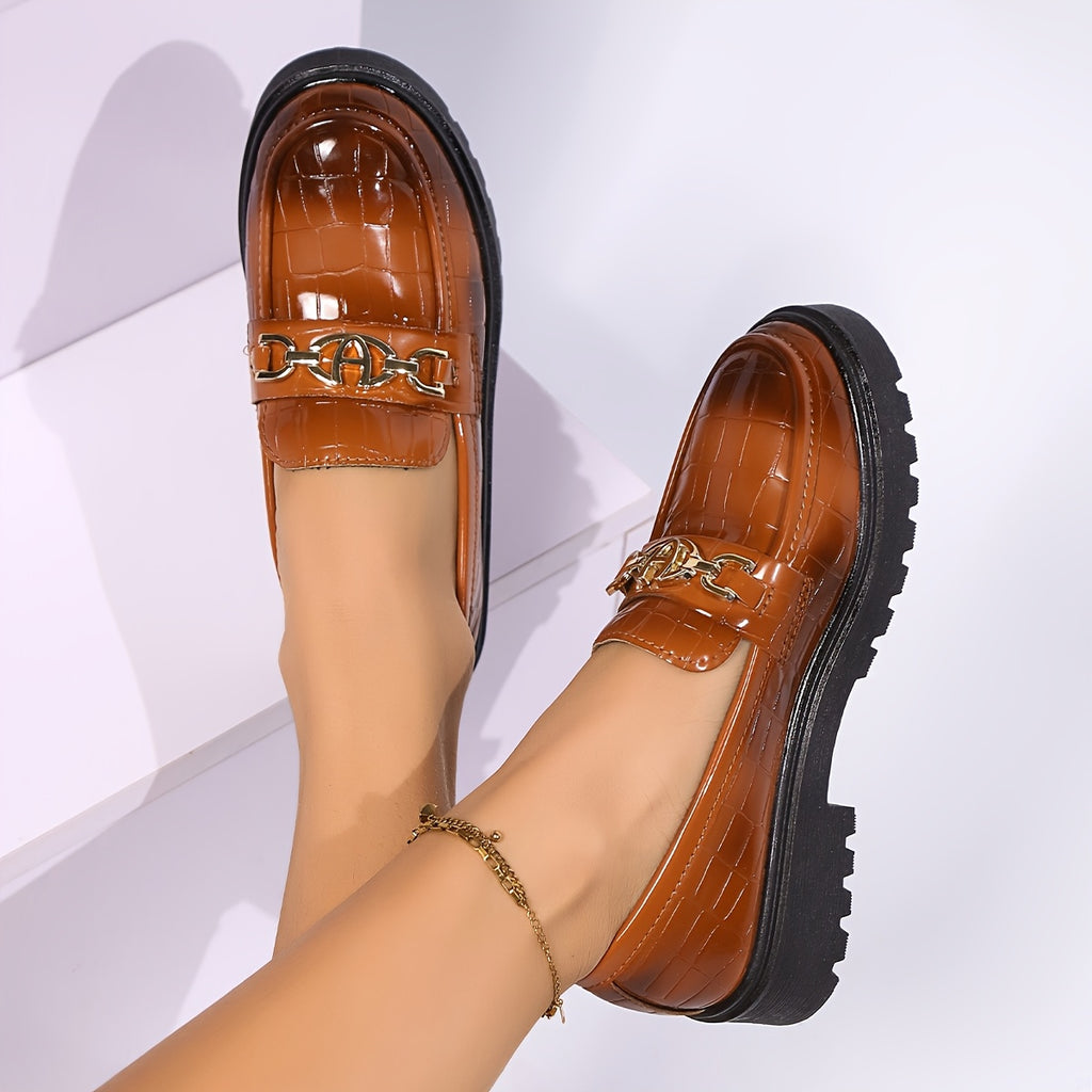Women'S Slip-On Loafers with Thick Cushioned Sole - Soft Rubber Outsole, Round Toe & Geometric Buckle Detail, Synthetic Cover Upper, All-Season Comfort for Casual & Formal Wear, Ladies Shoes, Flat Shoes For Women, Loafers For