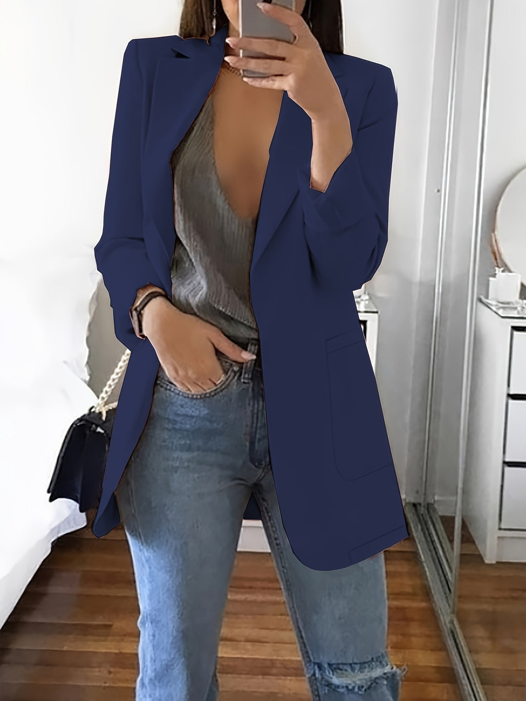 Plus Size Solid Open Front Blazer, Elegant Lapel Long Sleeve Blazer For Office & Work, Women's Plus Size Clothing