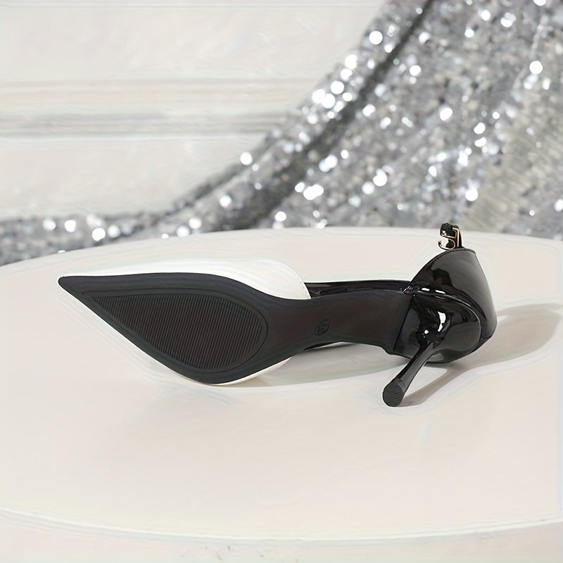 Women's Elegant PU Cover Pointed-Toe High-Heel Shoes - Glossy Black & White Glossy, Buckle Closure, Stiletto Heel & Cushioned Insole