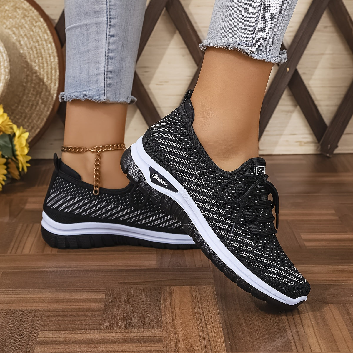 Women'S Breathable Casual Sports Shoes, Knitted Striped Pattern Lace-Up Comfortable Travel Sneakers, Outdoor Anti-Slip Lightweight Walking Beach Vacation Tennis Shoes, Women'S Sneaker, High Cut Shoe Without Lace, Aerobics Dan