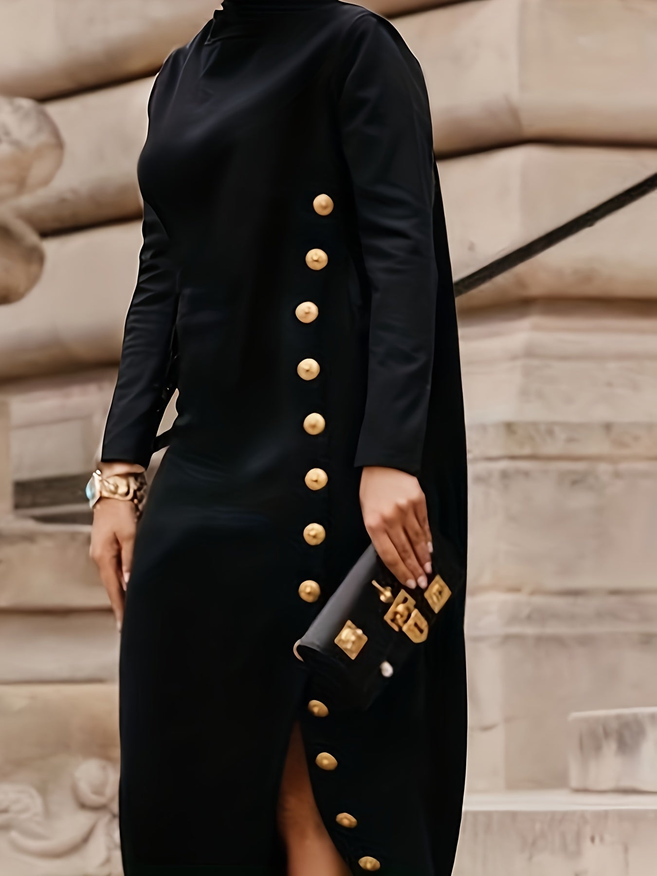 Women's Casual Long Sleeve Loose Maxi Dress - Viscose Smooth Fabric, 260g/m² Micro Elasticity | Asymmetric Buttoned Split-Joint Design | High Neck & Split-Side Detail