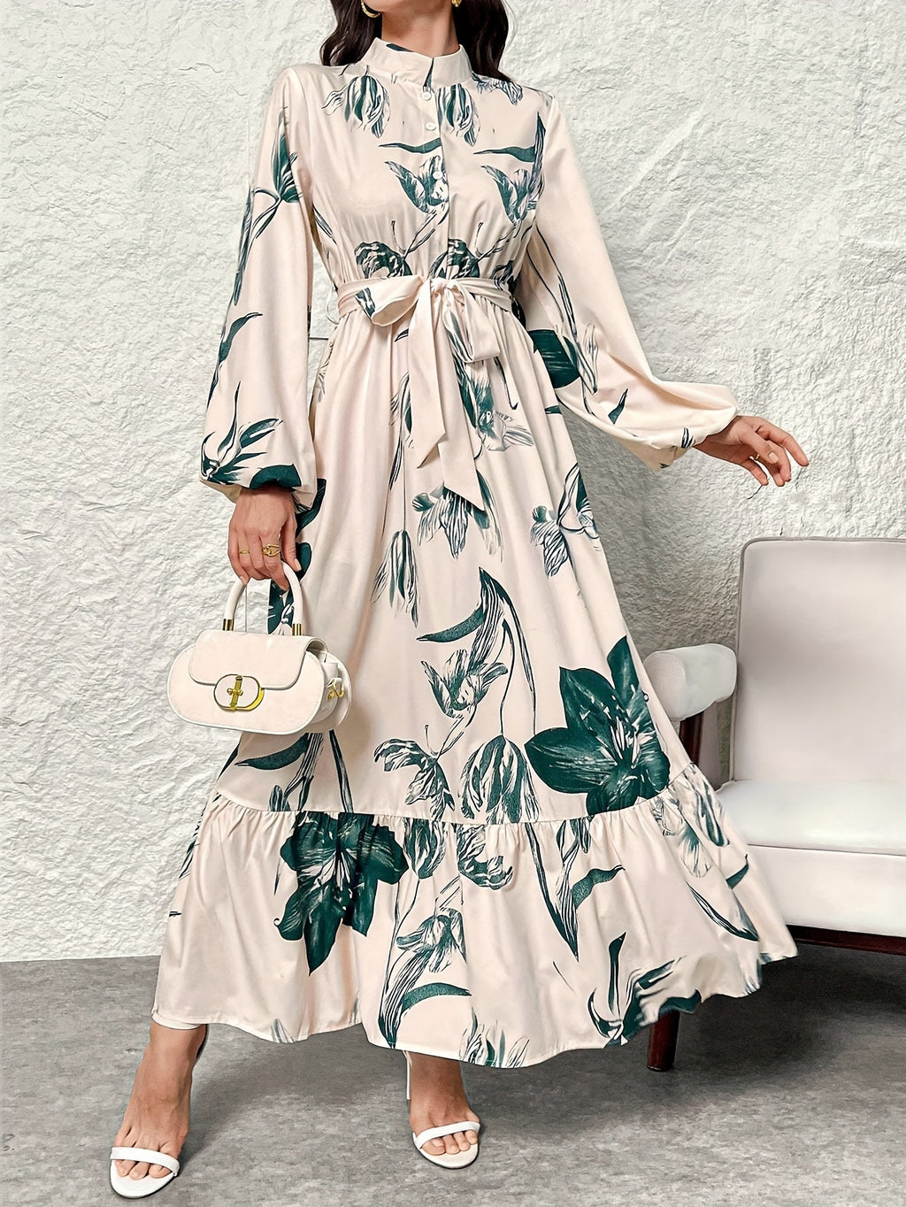 Elegant Floral Print Maxi Dress with Stand Collar - Polyester, Machine Washable, Non-Sheer - Perfect for All Seasons, Women's Fashion Kaftan Style