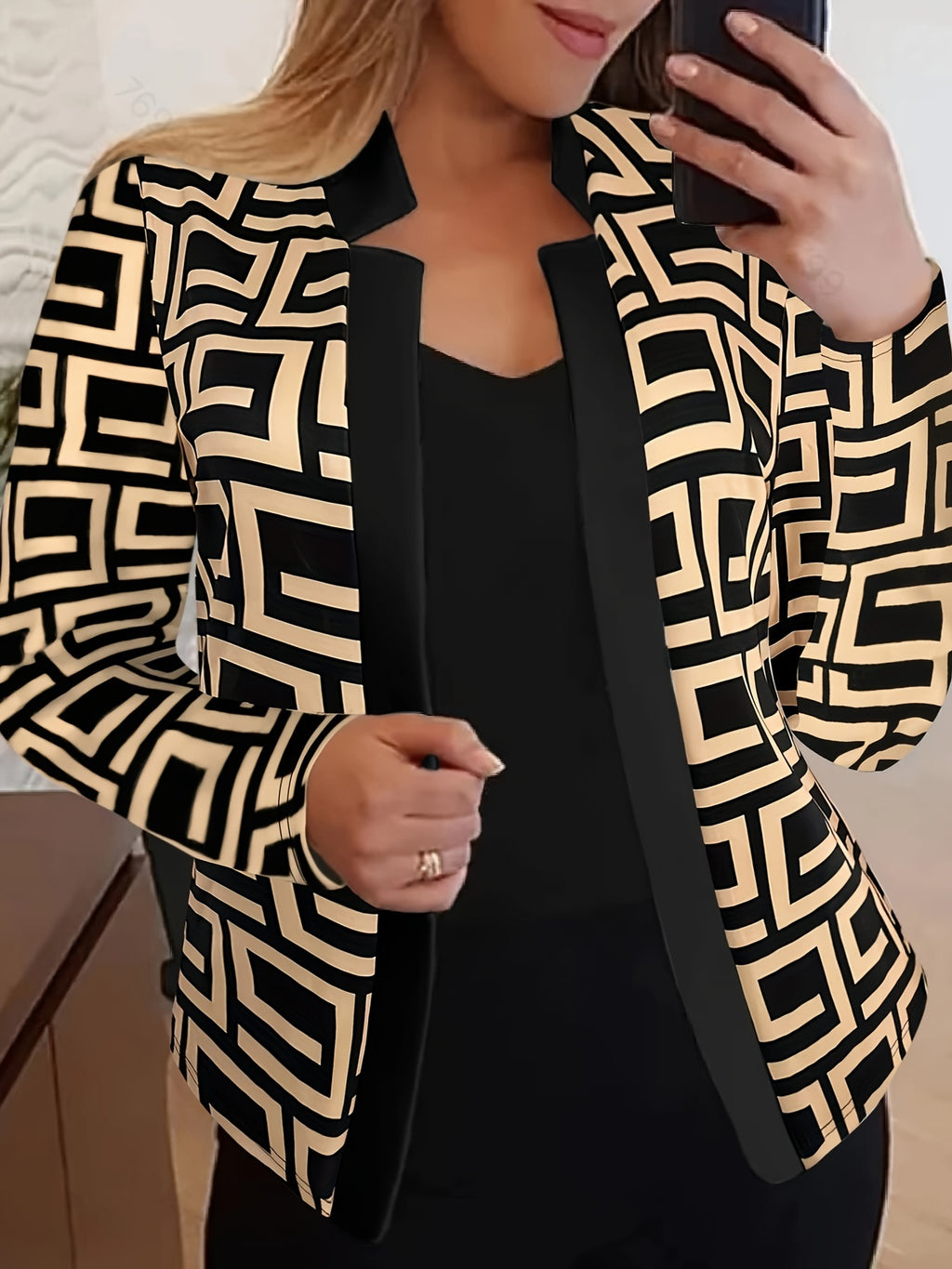 Plus Size Geometric Print Blazer, Casual Open Front Long Sleeve Blazer, Women's Plus Size Clothing