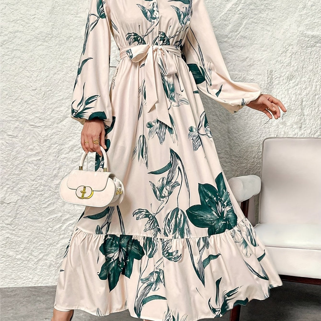 Elegant Floral Print Maxi Dress with Stand Collar - Polyester, Machine Washable, Non-Sheer - Perfect for All Seasons, Women's Fashion Kaftan Style