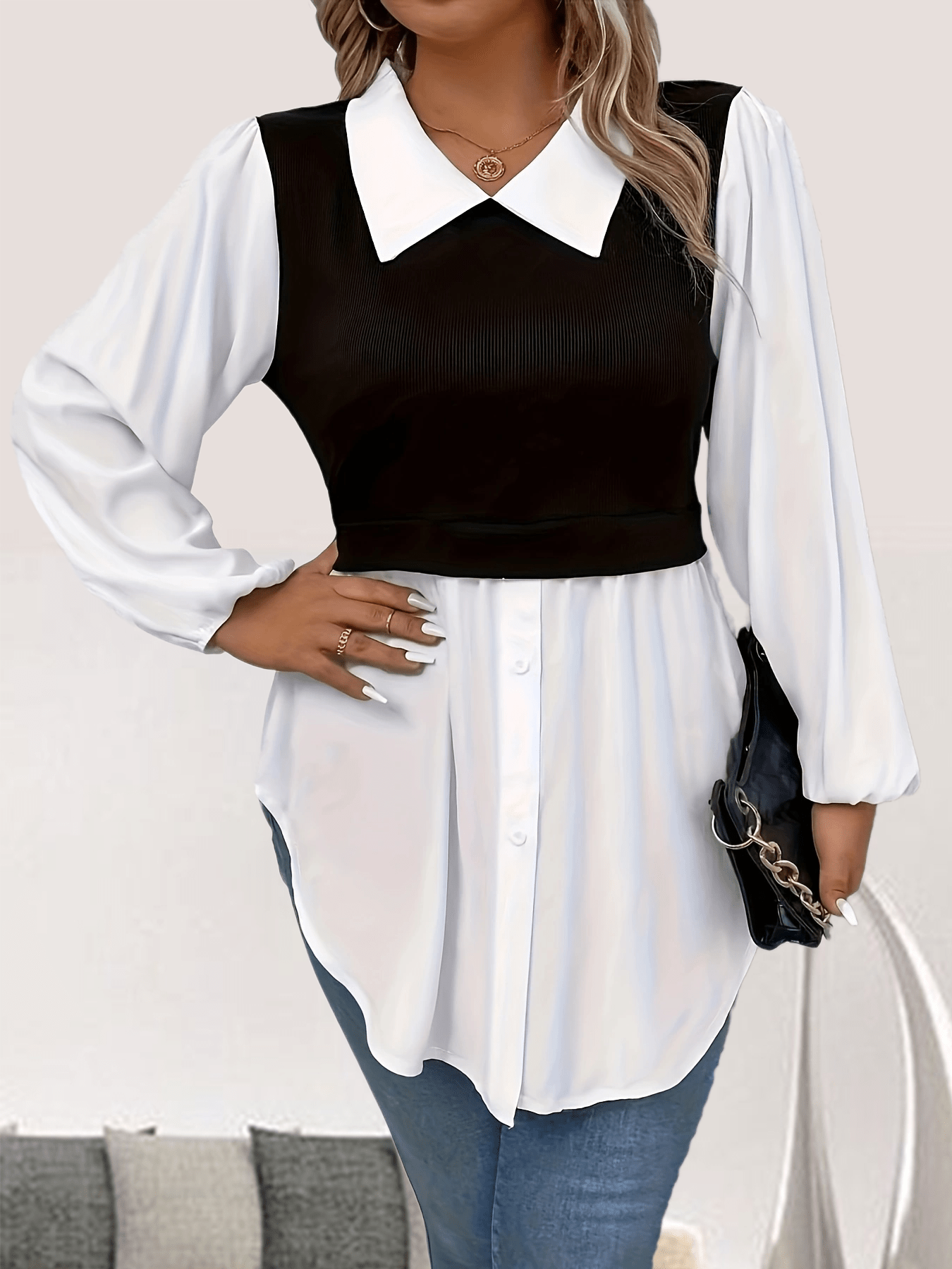 Plus Size Colorblock Polo Collar Blouse, Casual Long Sleeve Blouse For Spring & Fall, Women's Plus Size Clothing