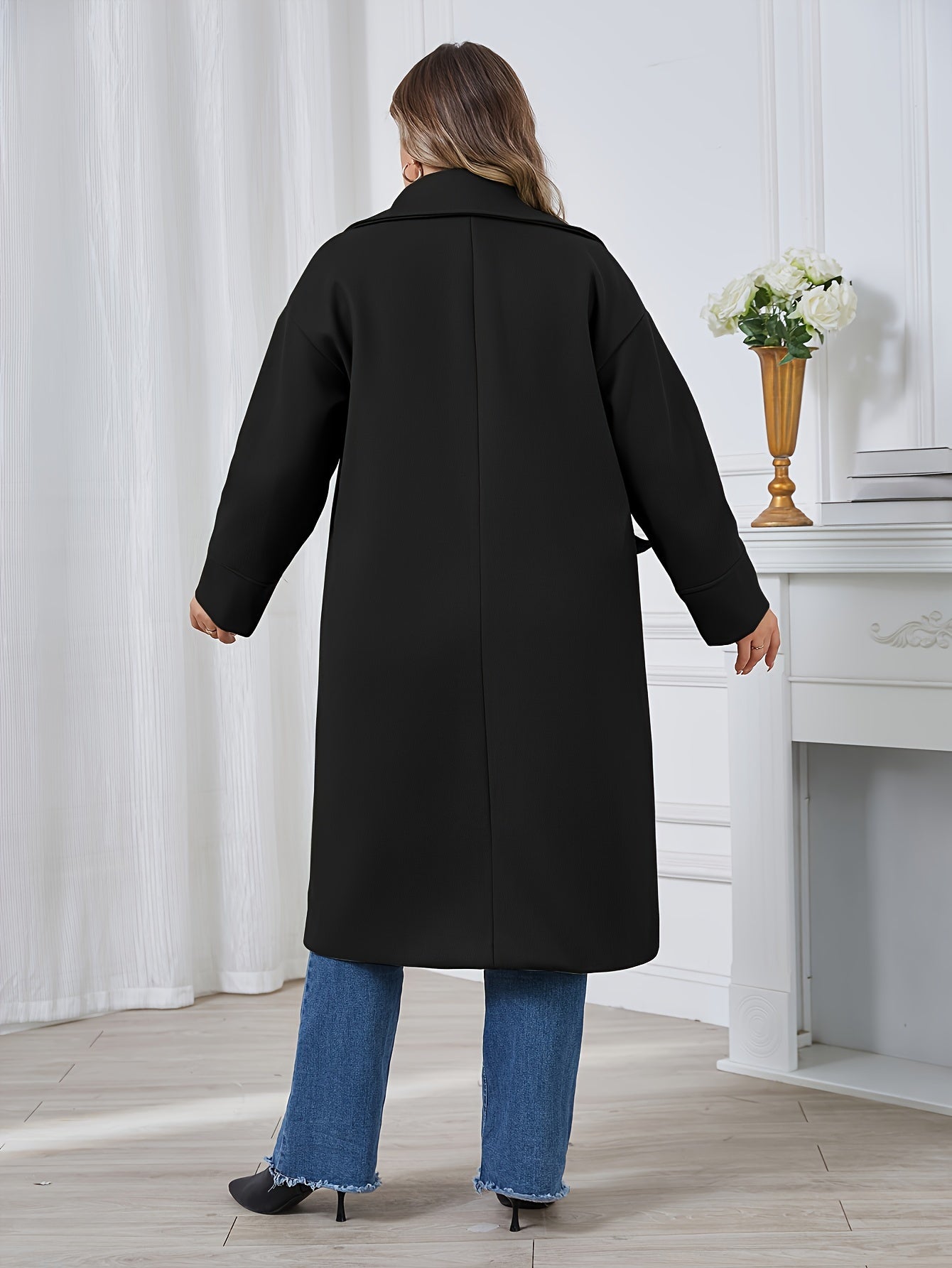 Plus Size Solid Button Coat, Casual Long Sleeve Lapel Outwear For Fall & Winter, Women's Plus Size Clothing