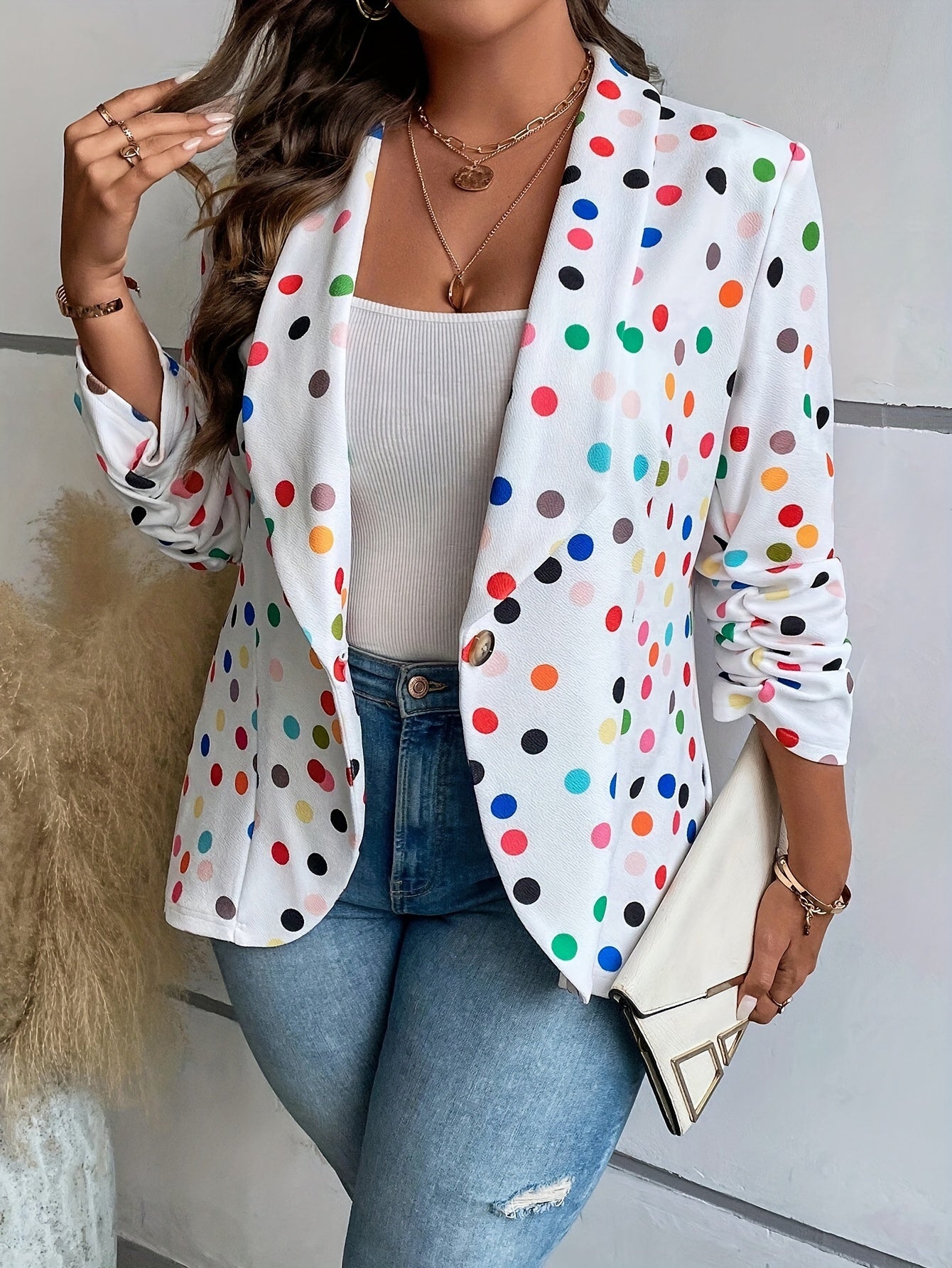 Plus Size Polka Dot Pattern Button Blazer, Elegant Long Sleeve Blazer For Office & Work, Women's Plus Size Clothing