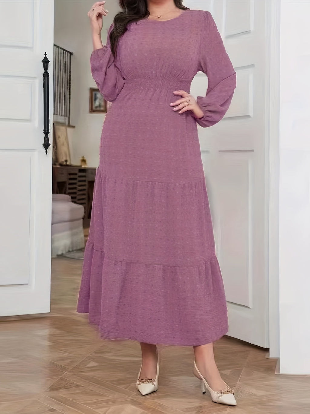 High Waist Tiered Dress, Elegant Solid Long Sleeve Maxi Dress, Women's Clothing