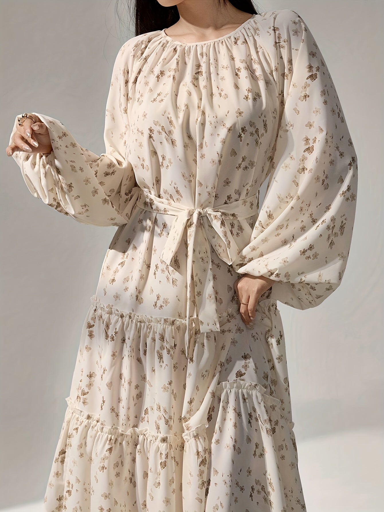 1pc Elegant Floral Print Long Sleeve Tiered Maxi Dress for Women - Polyester Crew Neck Pendulum Dress with Ditsy Flower Pattern, Woven Spring/Fall Casual Gown