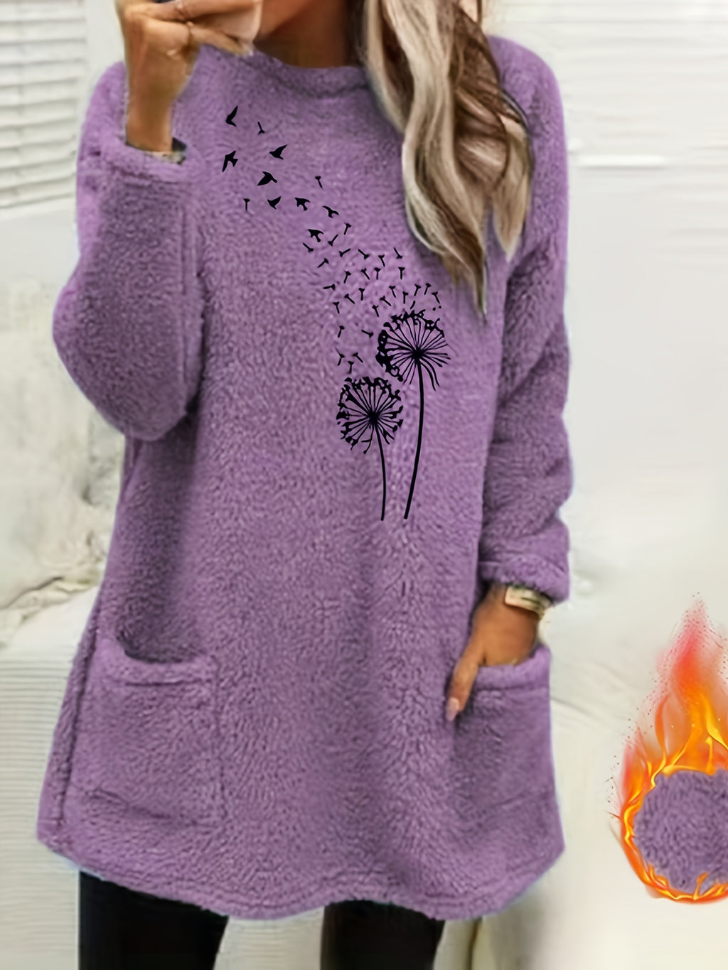 Women'S Cozy Fleece-Lined Long Sleeve Pullover Sweatshirt with Dandelion Print - Soft, Stretchy, and Casual Fall/Winter Wear, Orange, Round Neck, Regular Fit, Casual Wear|Dandelion Print Top|Stretchy Fabric, Women Jumper And
