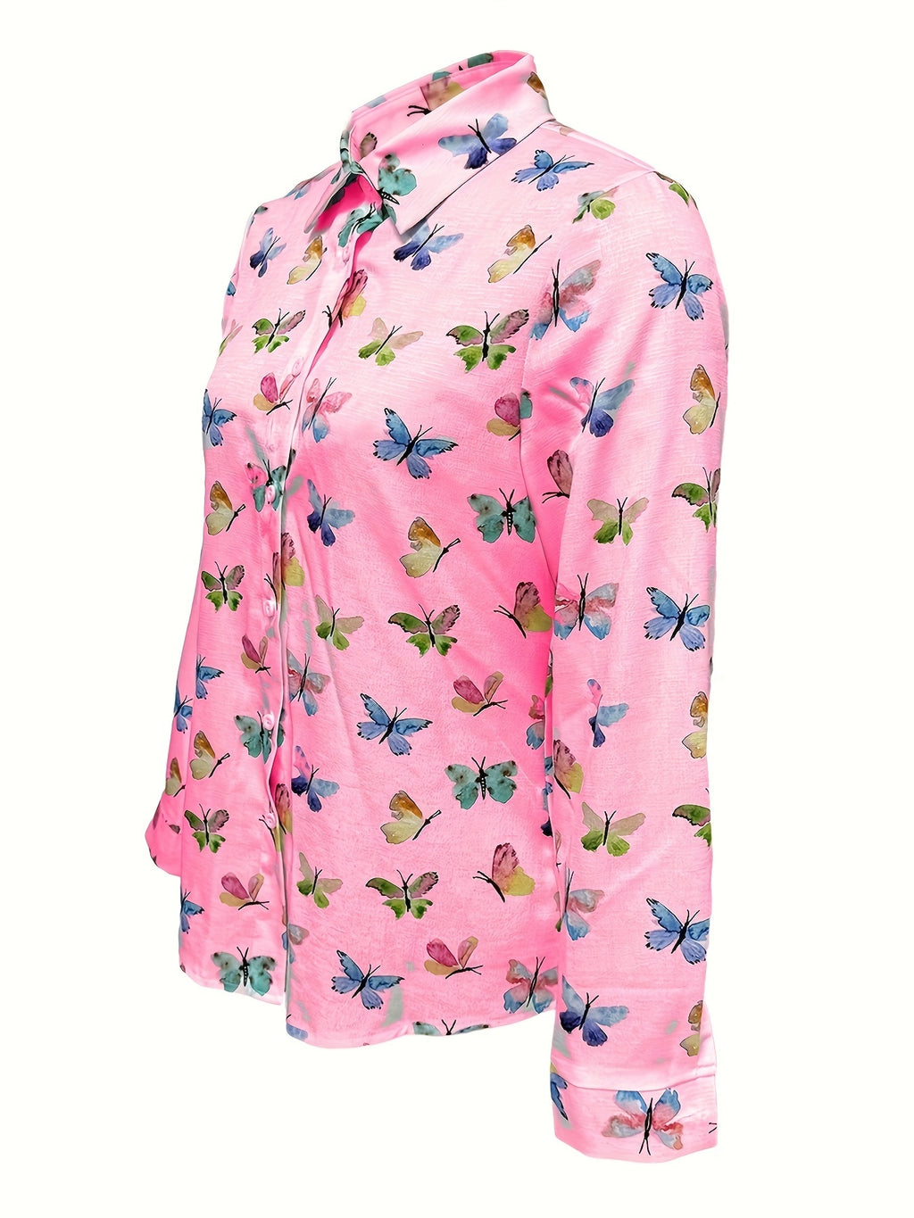 Plus Size Butterfly Print Shirt, Casual Long Sleeve Button Front Shirt For Spring, Women's Plus Size Clothing