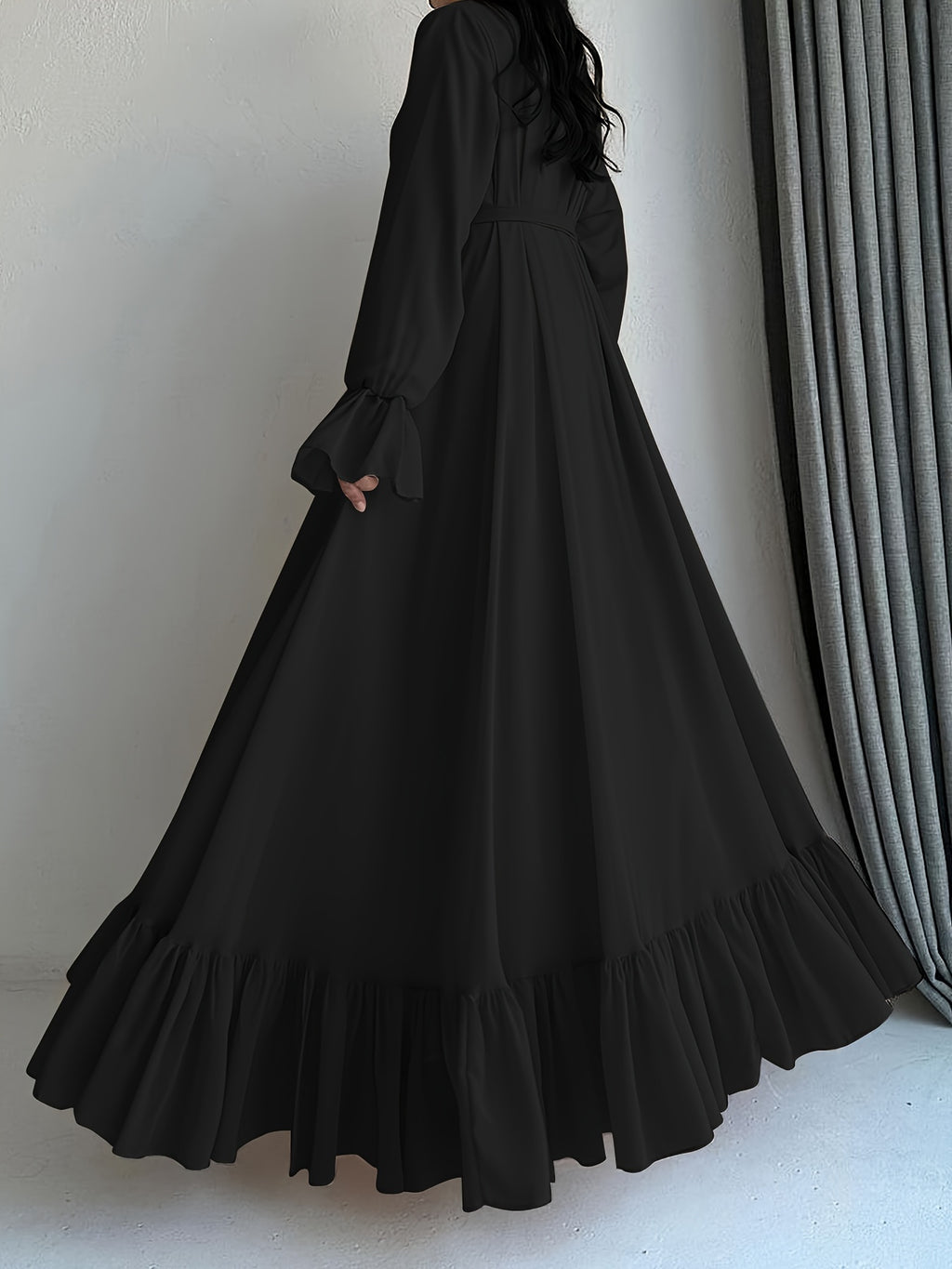Stunning Solid Color Belted Peplum Maxi Dress - Elegant Abayas for Women with Long Sleeves, Pleated Design, and Flattering Silhouette for Spring and Fall Seasons - Chic and Modest Clothing for Ladies
