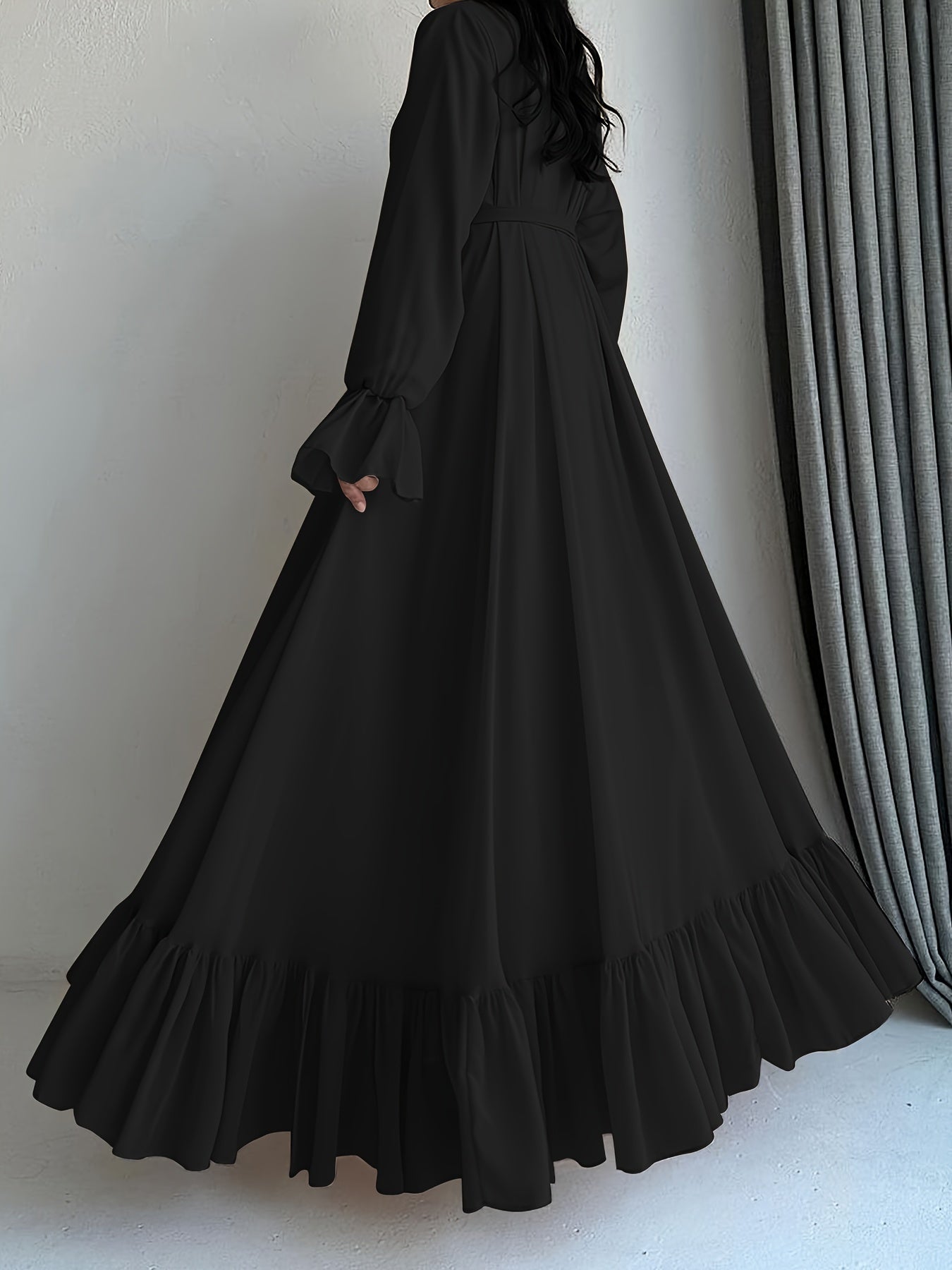 Stunning Solid Color Belted Peplum Maxi Dress - Elegant Abayas for Women with Long Sleeves, Pleated Design, and Flattering Silhouette for Spring and Fall Seasons - Chic and Modest Clothing for Ladies