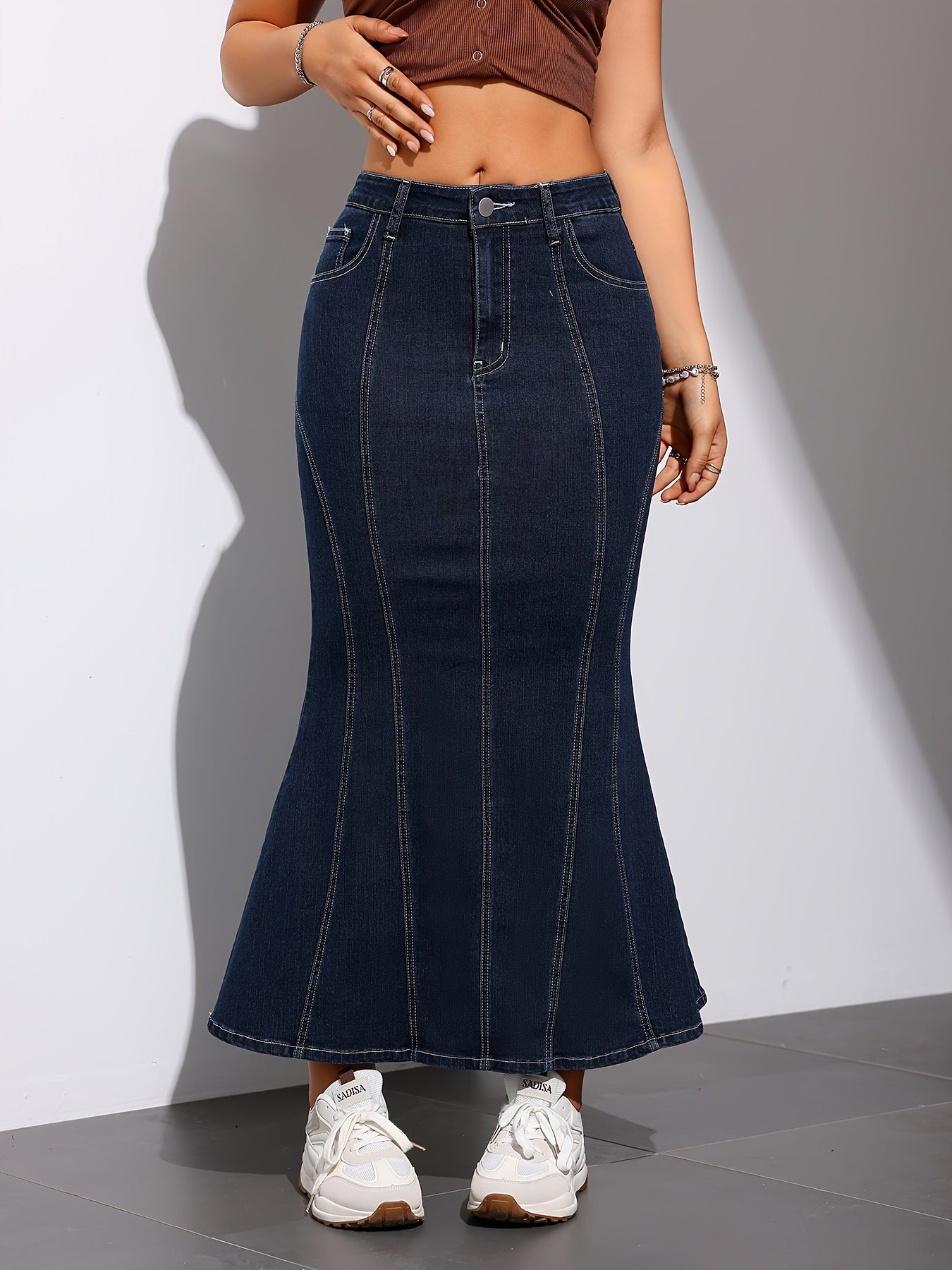 Stunning Women's Mermaid Trumpet Denim Skirt - High-Waist, Stretchy, Long Flared, Casual to Formal, Comfortable, Perfect for Various Occasions - Ideal for Work, Date, Party, or Daily Wear
