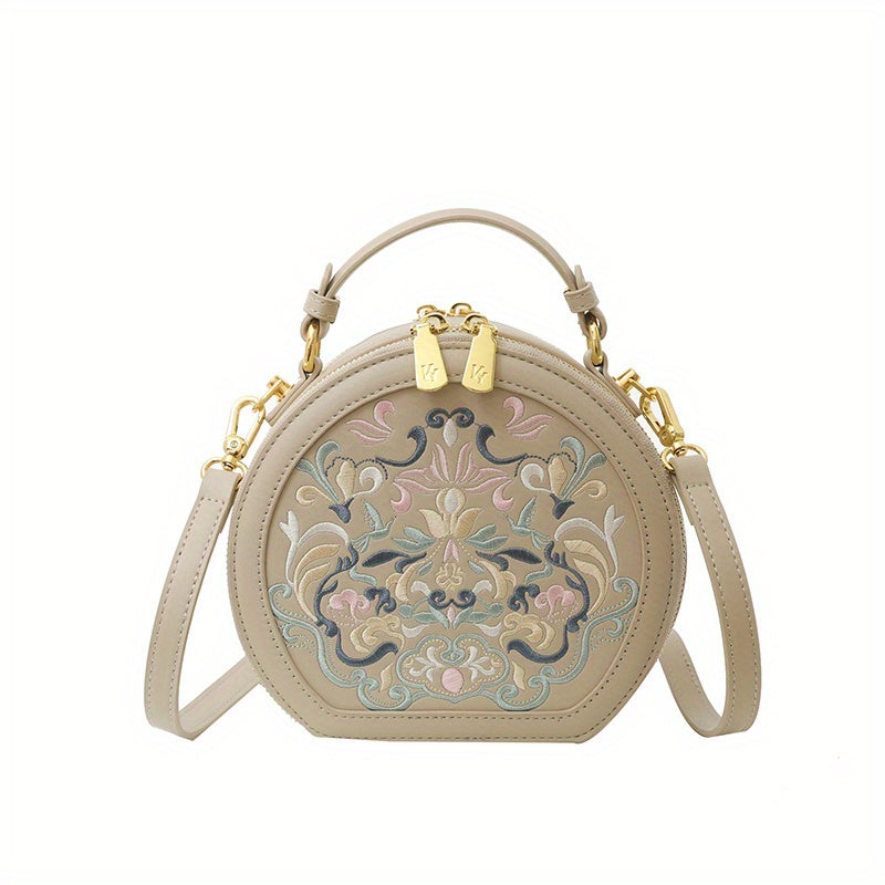 Elegant Floral Embroidered Crossbody Bag - Chic Faux Leather Shoulder Purse with Golden-Tone Hardware, Zip Closure, and Polyester Lining - Handwash/Dry Clean, Multicolor