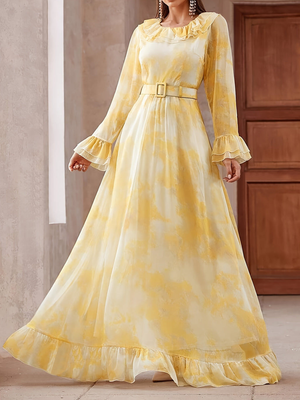 Elegant Long Sleeve Ruffle Hem Swing Maxi Dress for Women, Perfect for Spring & Fall, Flowy and Chic