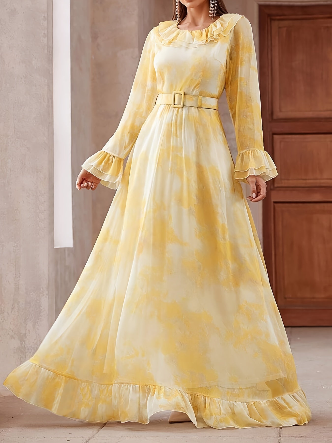 Elegant Long Sleeve Ruffle Hem Swing Maxi Dress for Women, Perfect for Spring & Fall, Flowy and Chic