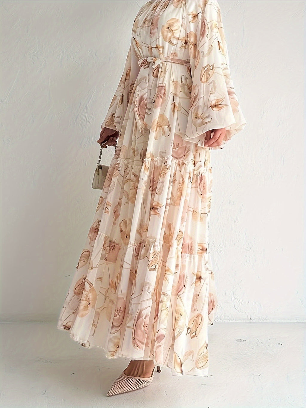 Flawless Floral Print Kaftan Maxi Dress - Flowy Crew Neck, Belted Waist, Luxurious Long Sleeves - A Stylish & Elegant Womens Clothing Choice for All Seasons