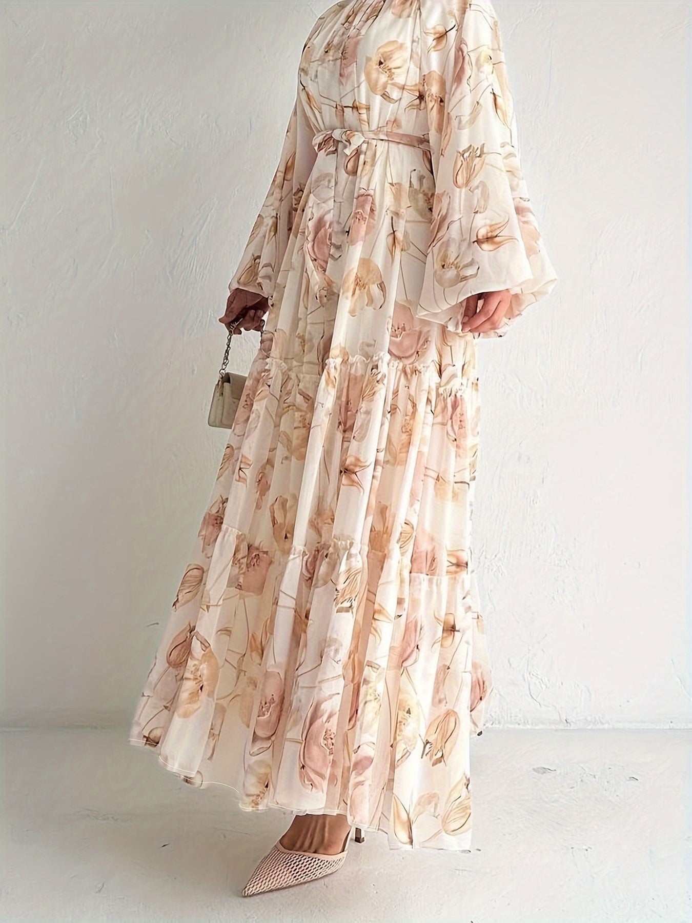 Flawless Floral Print Kaftan Maxi Dress - Flowy Crew Neck, Belted Waist, Luxurious Long Sleeves - A Stylish & Elegant Womens Clothing Choice for All Seasons