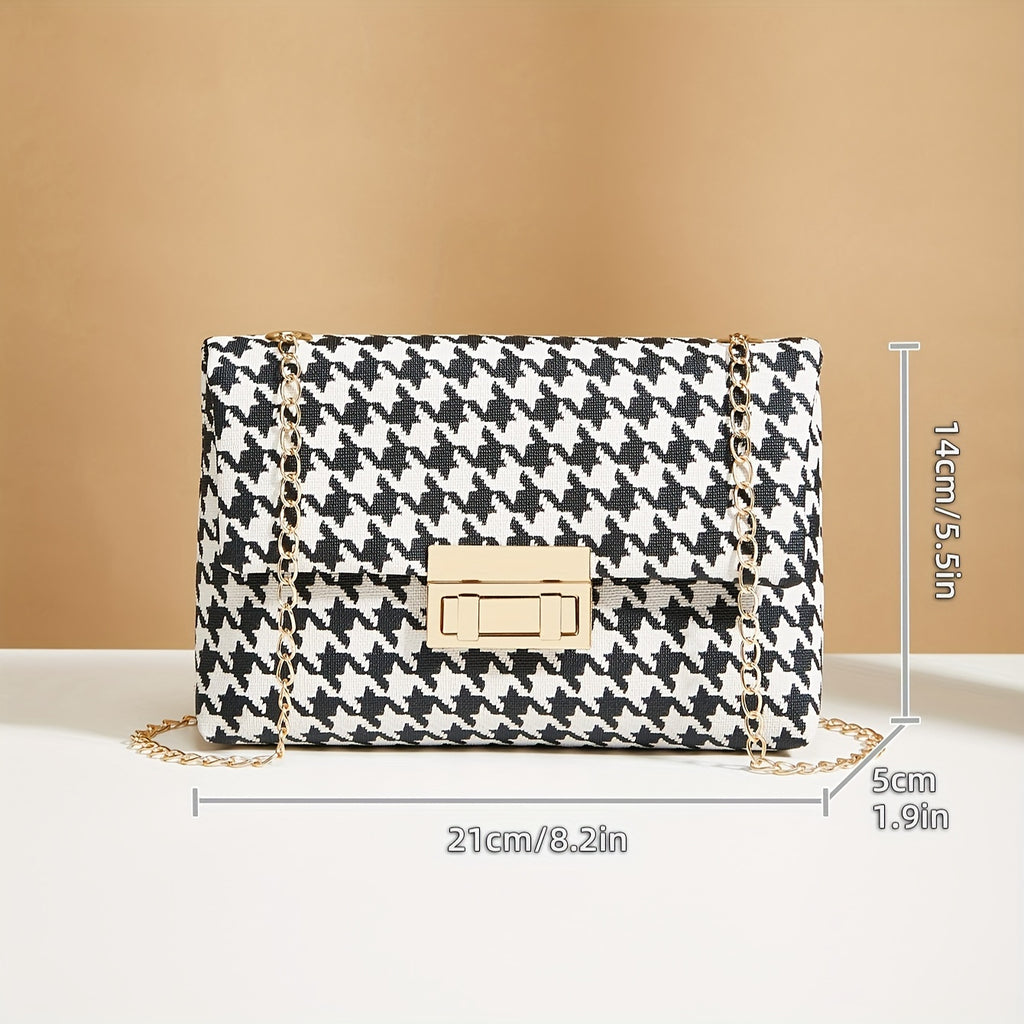 Houndstooth Crossbody Bag, Fashion Chain Shoulder Bag, Women's Flap Square Purse With Lock