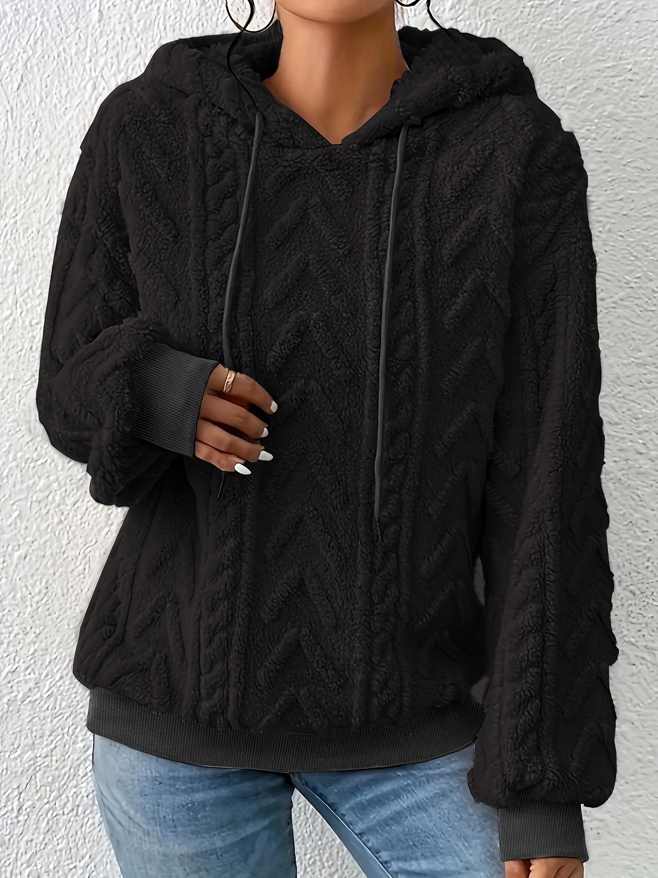 Plus Size Solid Fuzzy Hooded Sweatshirt, Casual Long Sleeve Pullover Sweatshirt, Women's Plus Size Clothing