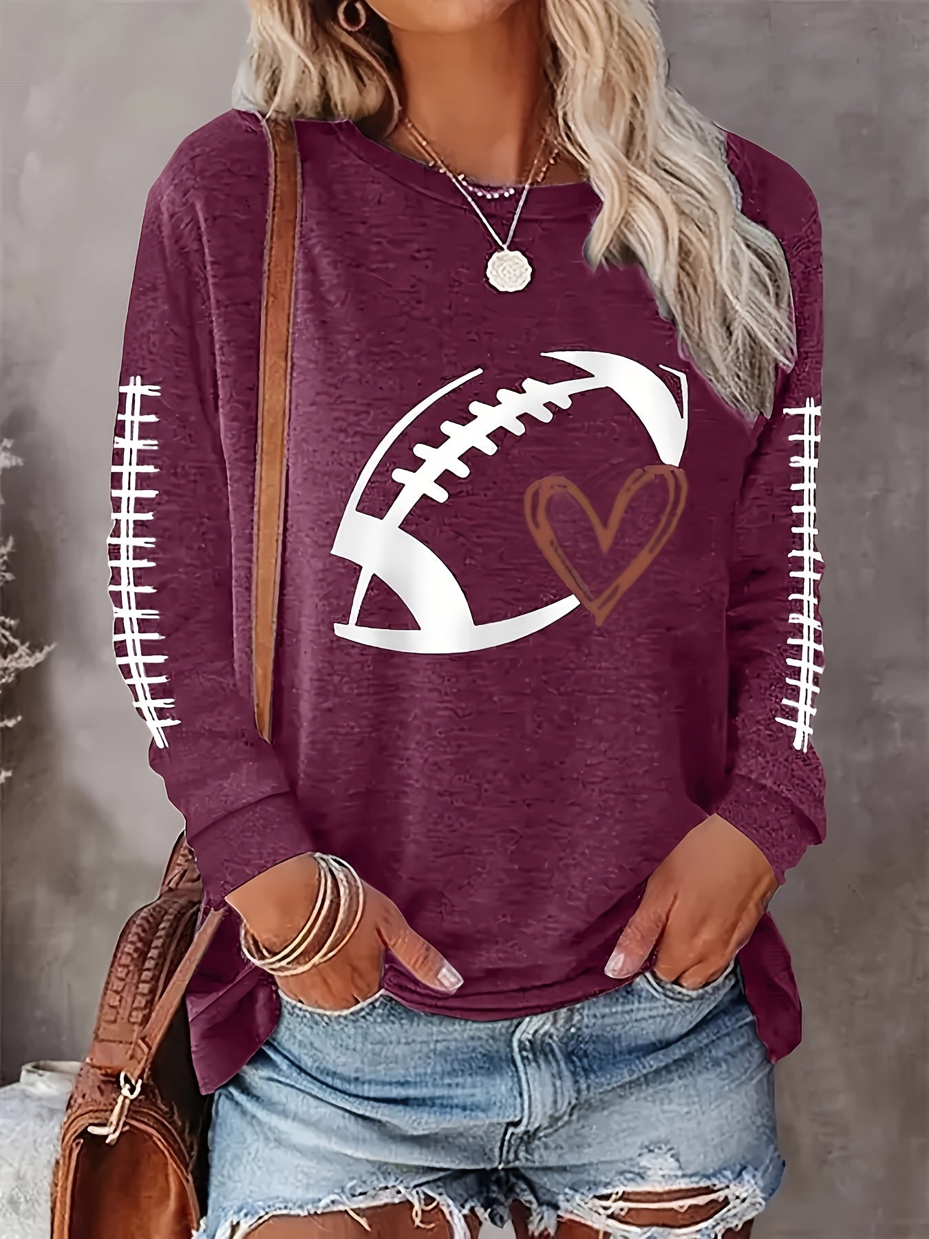 Plus Size Football Print Crew Neck T-shirt, Casual Long Sleeve Top For Spring & Fall, Women's Plus Size Clothing