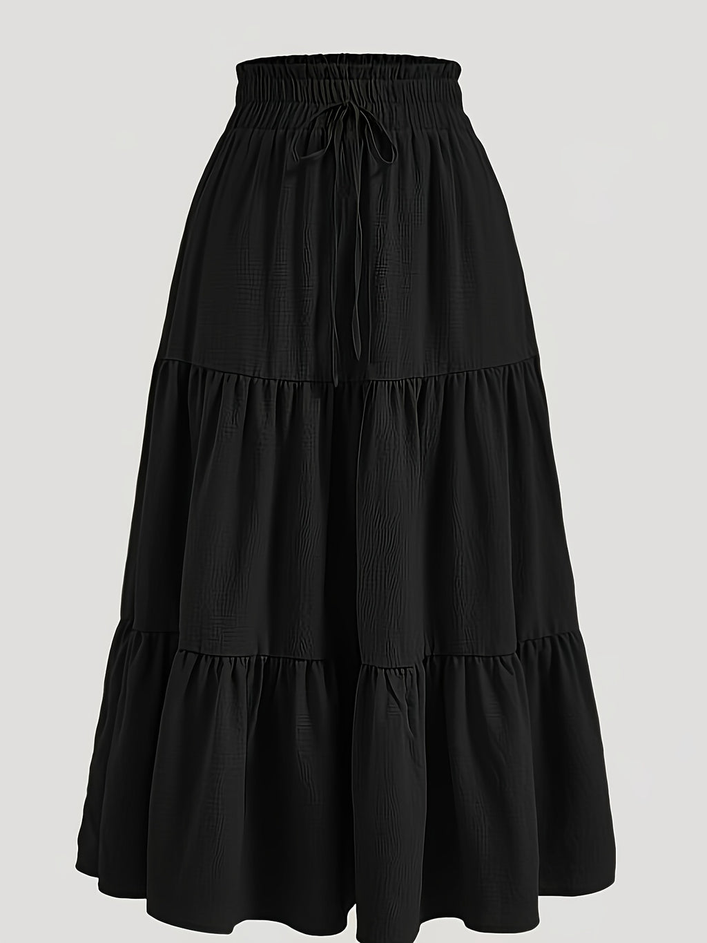 Plus Size Solid Ruched Tiered Skirt, Casual Elastic Waist Midi Skirt For Spring & Summer, Women's Plus Size Clothing