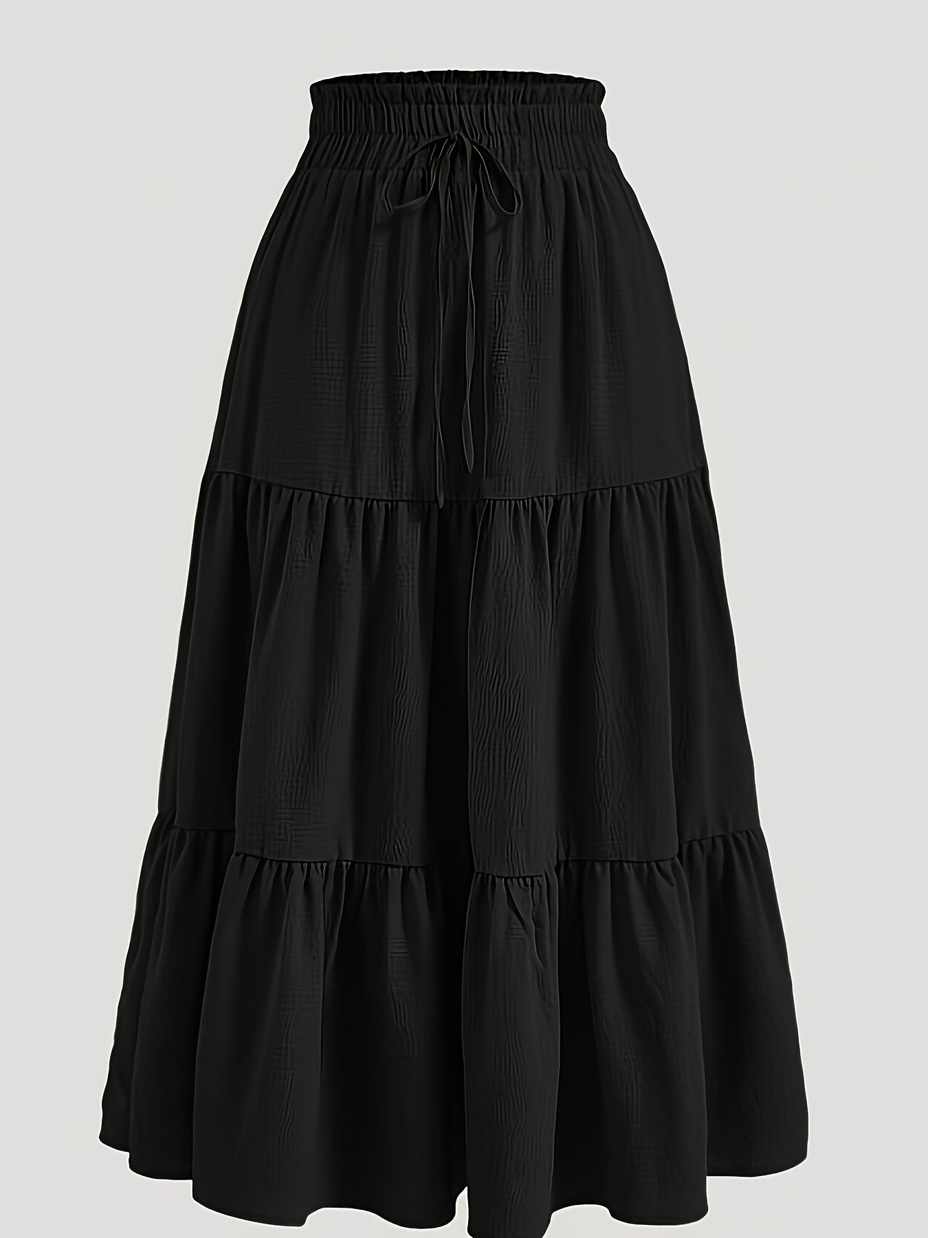 Plus Size Solid Ruched Tiered Skirt, Casual Elastic Waist Midi Skirt For Spring & Summer, Women's Plus Size Clothing