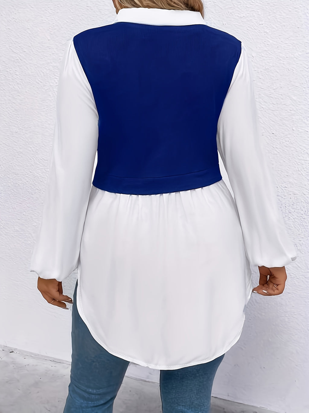Plus Size Colorblock Polo Collar Blouse, Casual Long Sleeve Blouse For Spring & Fall, Women's Plus Size Clothing