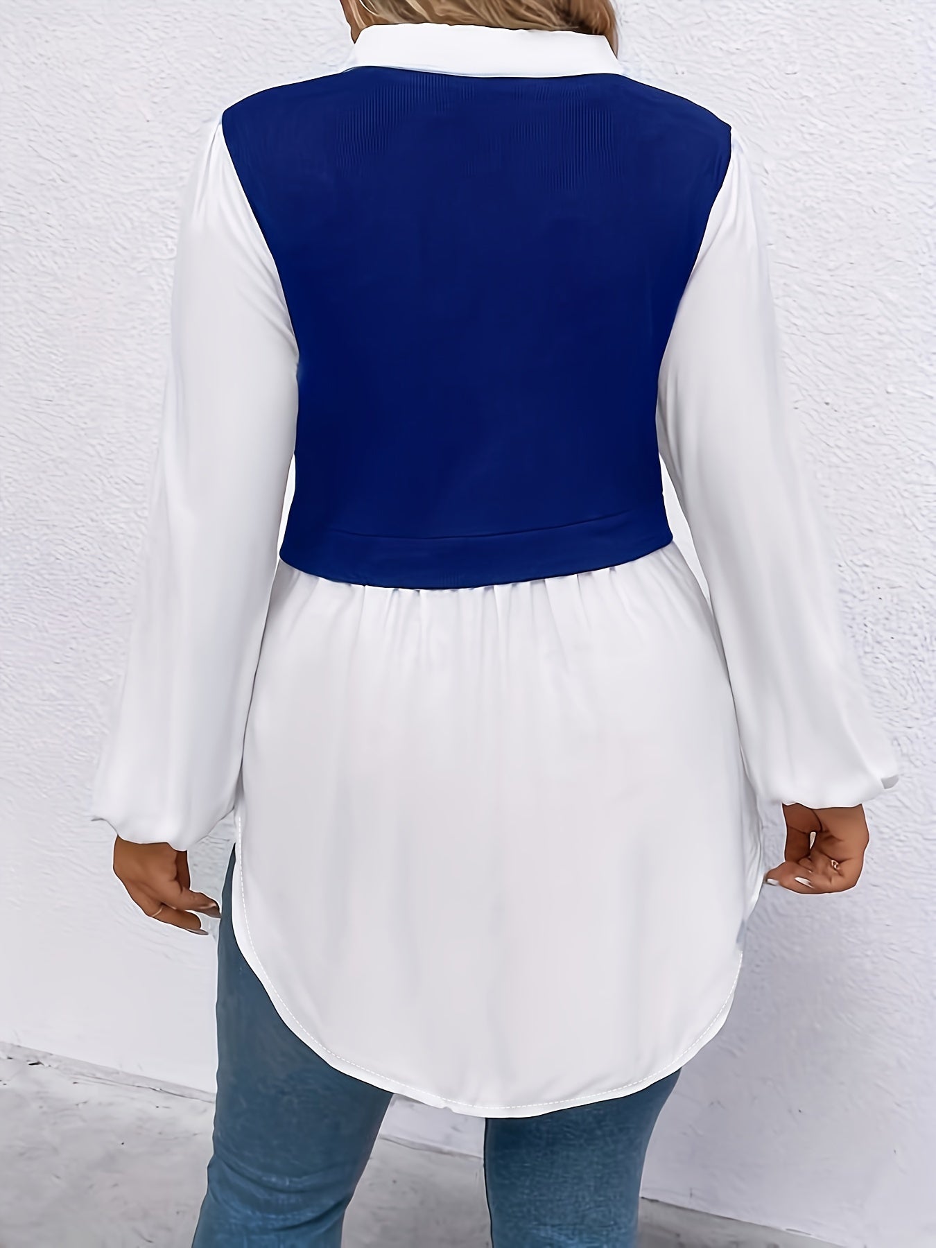 Plus Size Colorblock Polo Collar Blouse, Casual Long Sleeve Blouse For Spring & Fall, Women's Plus Size Clothing