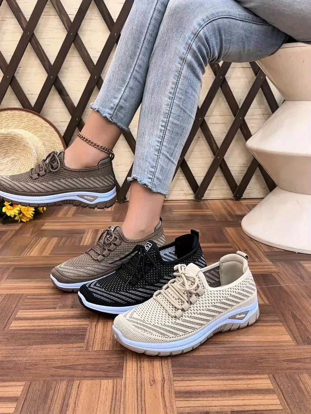 Women'S Breathable Casual Sports Shoes, Knitted Striped Pattern Lace-Up Comfortable Travel Sneakers, Outdoor Anti-Slip Lightweight Walking Beach Vacation Tennis Shoes, Women'S Sneaker, High Cut Shoe Without Lace, Aerobics Dan
