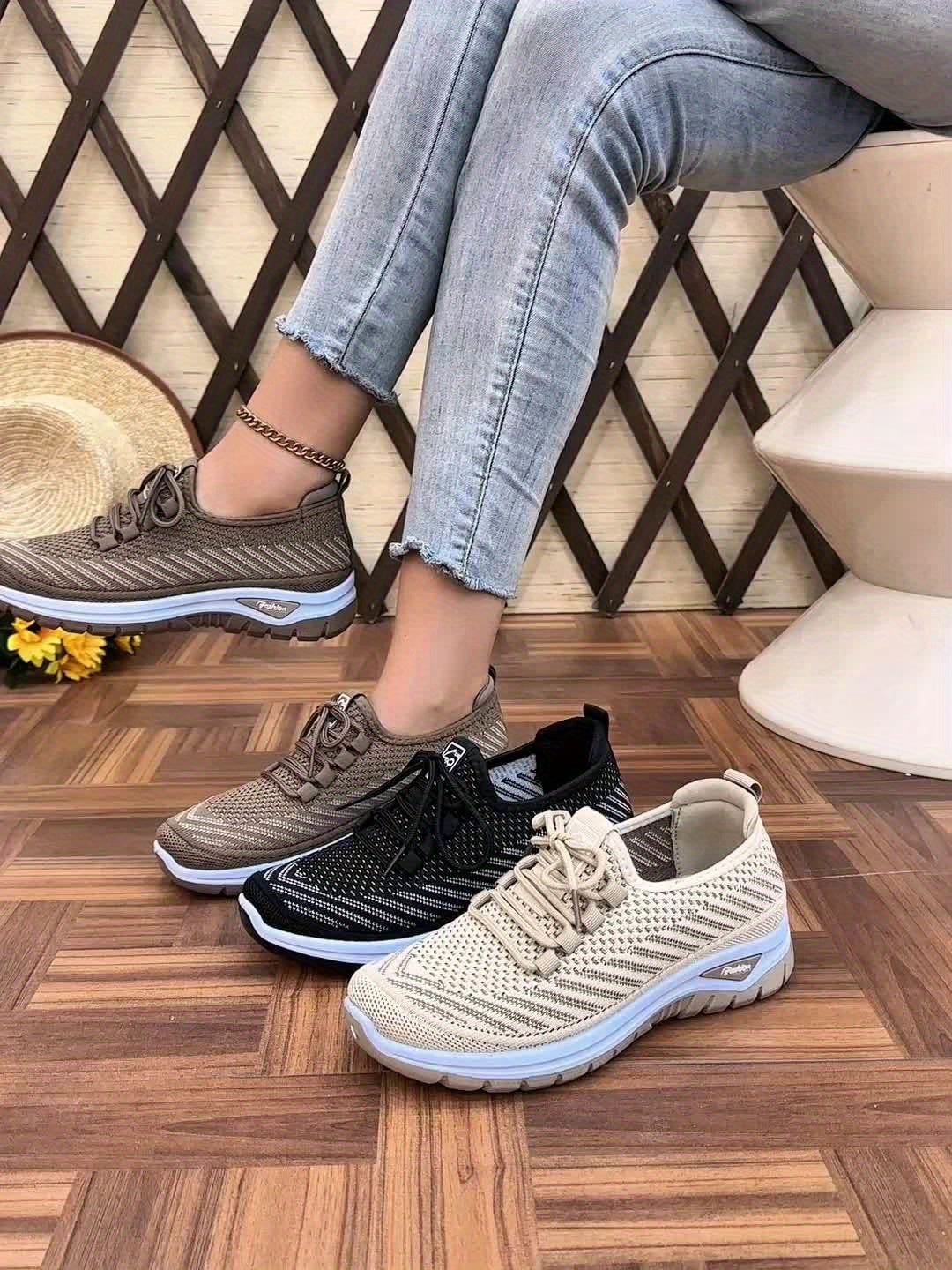 Women'S Breathable Casual Sports Shoes, Knitted Striped Pattern Lace-Up Comfortable Travel Sneakers, Outdoor Anti-Slip Lightweight Walking Beach Vacation Tennis Shoes, Women'S Sneaker, High Cut Shoe Without Lace, Aerobics Dan