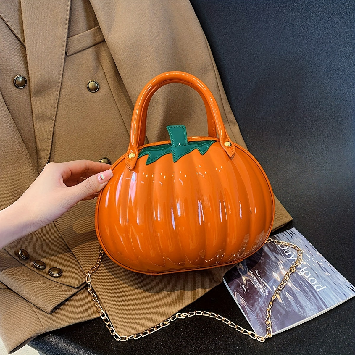 Pumpkin Shaped Satchel Novelty Crossbody Bag, PU Leather Creative Bag Purse, Fancy Versatile Fashion Halloween Candy Bag