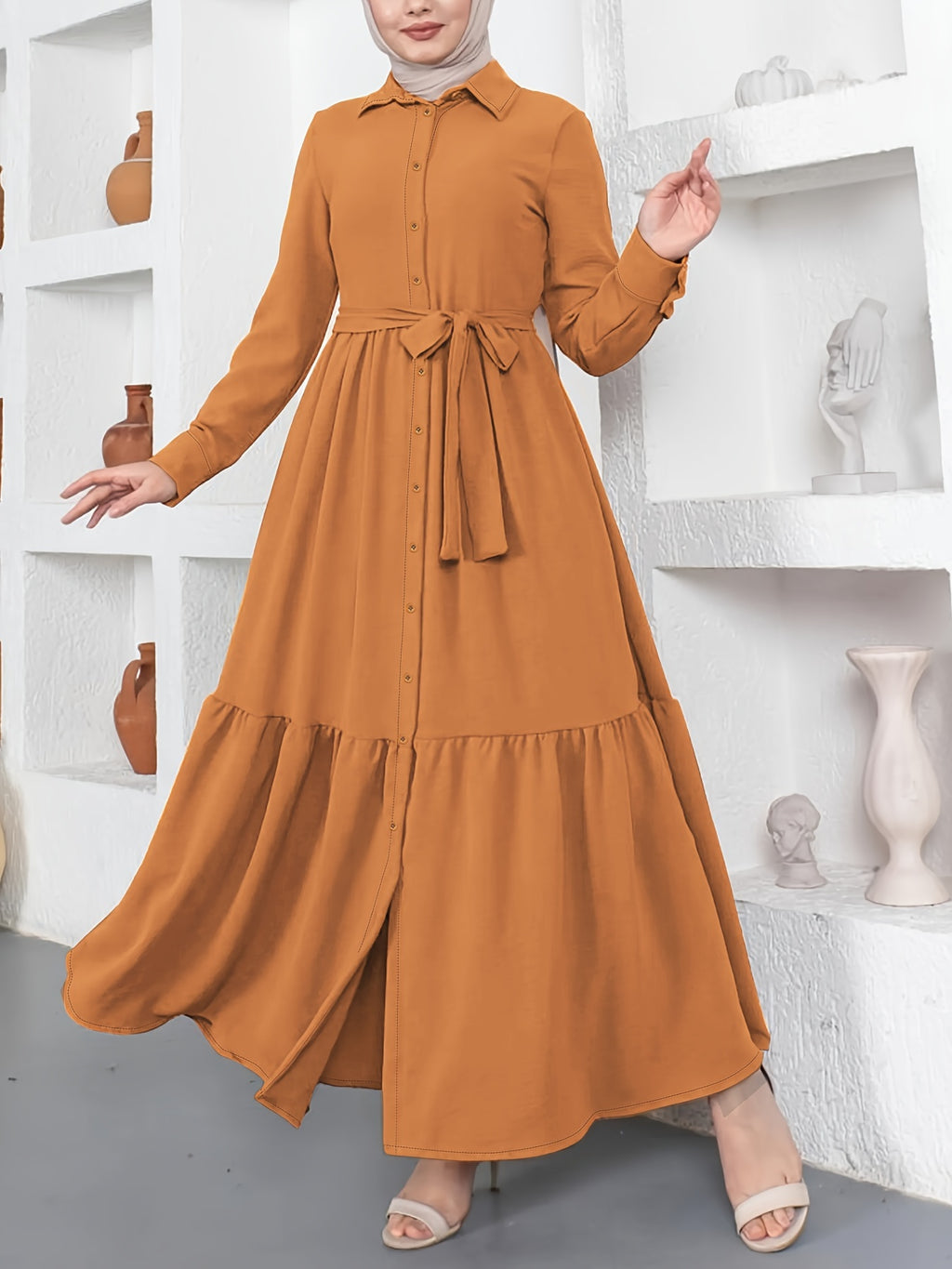 Elegant Solid Color Maxi Dress with Collar and Tie Waist - Button Detail, Non-Stretch Polyester Blend, Machine Washable - Perfect for All Seasons