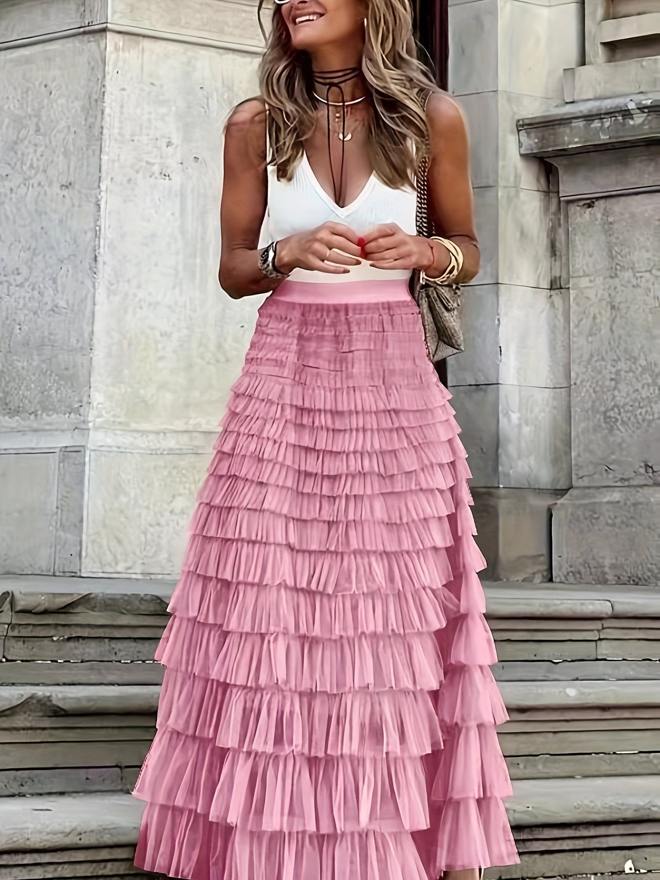 Mesh Layered Hem Skirt, Boho High Waist Skirt, Women's Clothing