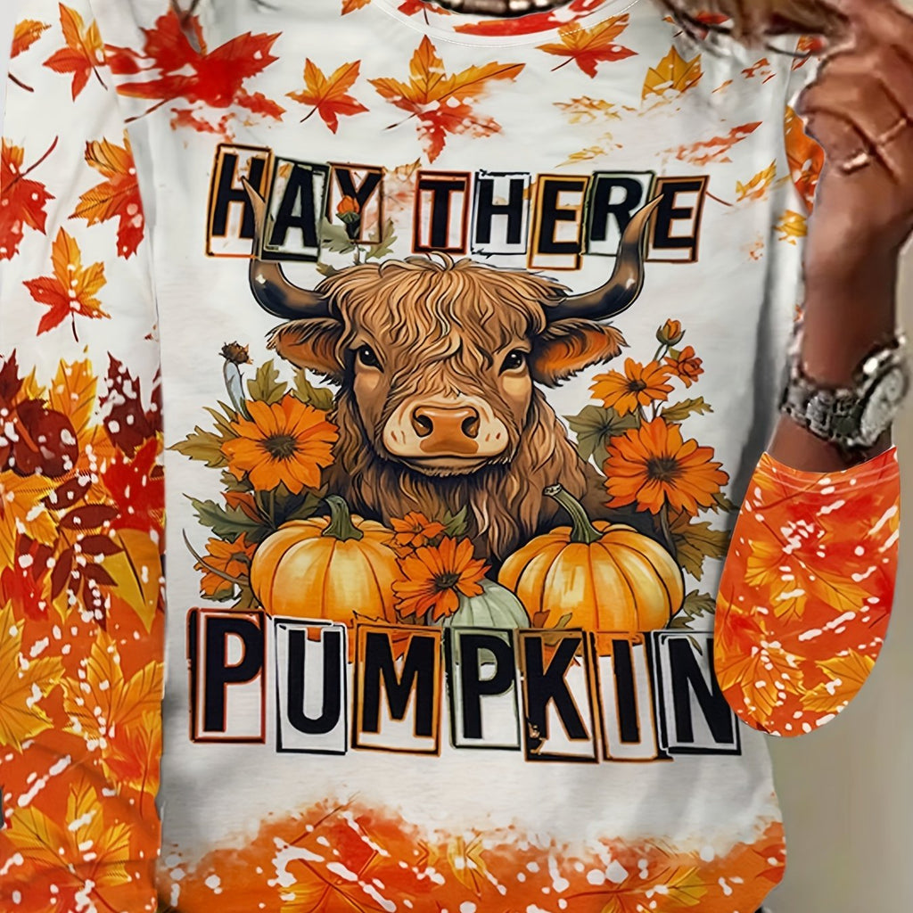 Plus Size Pumpkin & Cattle Print T-Shirt, Casual Crew Neck Long Sleeve Top For Spring & Fall, Women's Plus Size Clothing