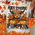 Plus Size Pumpkin & Cattle Print T-Shirt, Casual Crew Neck Long Sleeve Top For Spring & Fall, Women's Plus Size Clothing