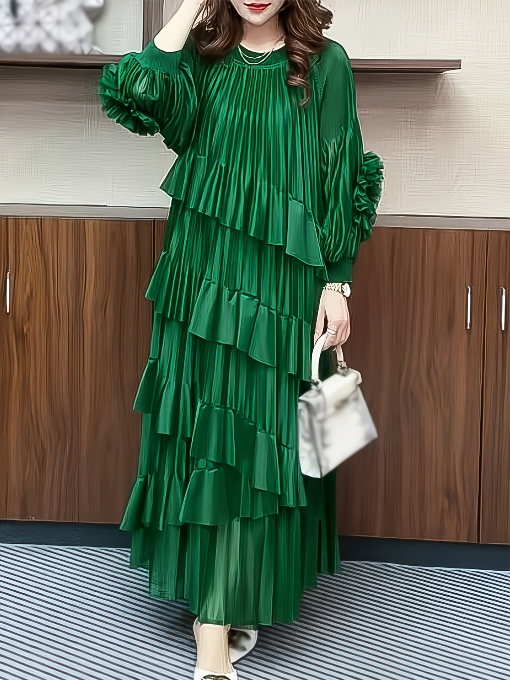 Plus Size - Elegant Green Ruched Maxi Dress with Lantern Sleeves - Chic Layered Design, Round Neck, Perfect for Spring/Fall, Women'S Fashion, Casual Elegant Wear | Lantern Sleeve Dress | Ruched Texture