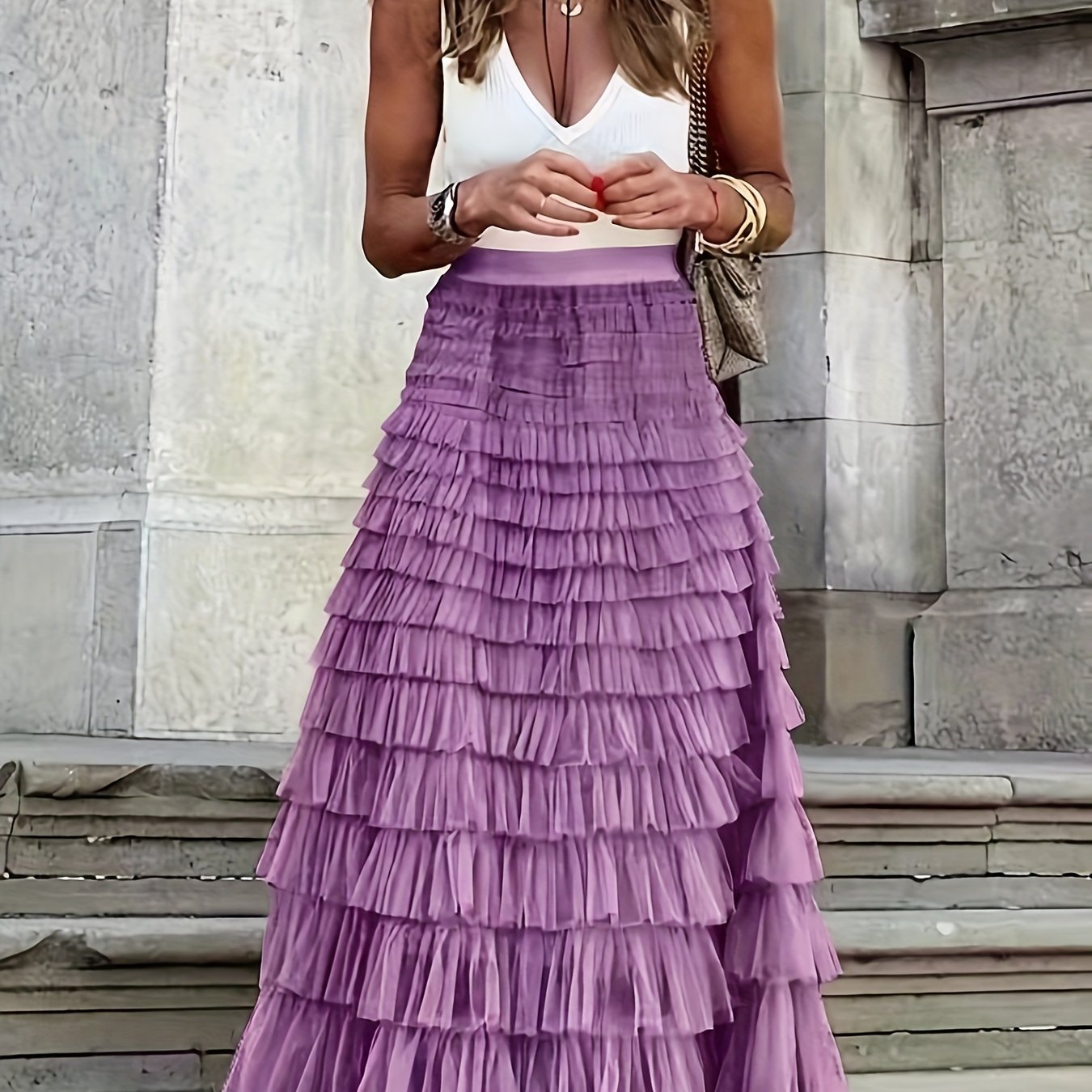 Mesh Layered Hem Skirt, Boho High Waist Skirt, Women's Clothing