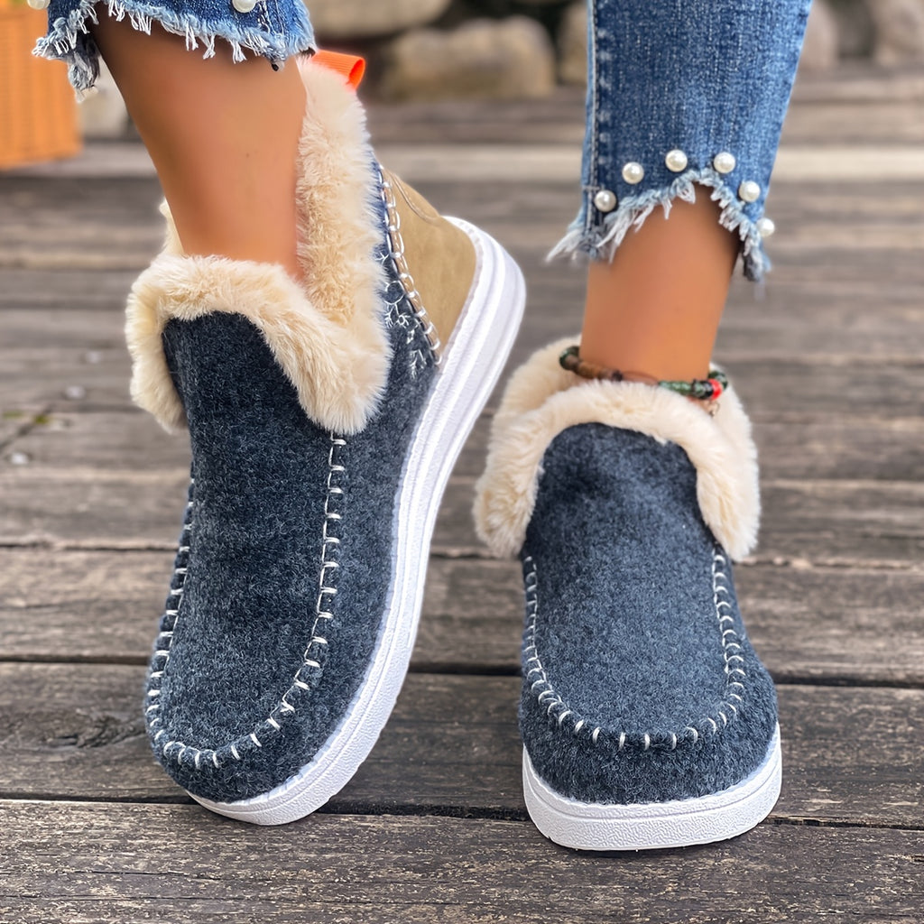 Women'S  Cozy Plush Slip-On Snow Boots with Soft Rubber Sole - Lightweight Warm Winter Boots with Cushioned Insole, Round Toe & Arch Support, Casual Outdoor Shoes for Cold Weather, Black & Brown (Canvas Lining) - Ide
