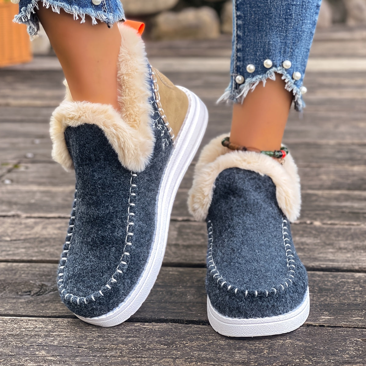 Women'S  Cozy Plush Slip-On Snow Boots with Soft Rubber Sole - Lightweight Warm Winter Boots with Cushioned Insole, Round Toe & Arch Support, Casual Outdoor Shoes for Cold Weather, Black & Brown (Canvas Lining) - Ide