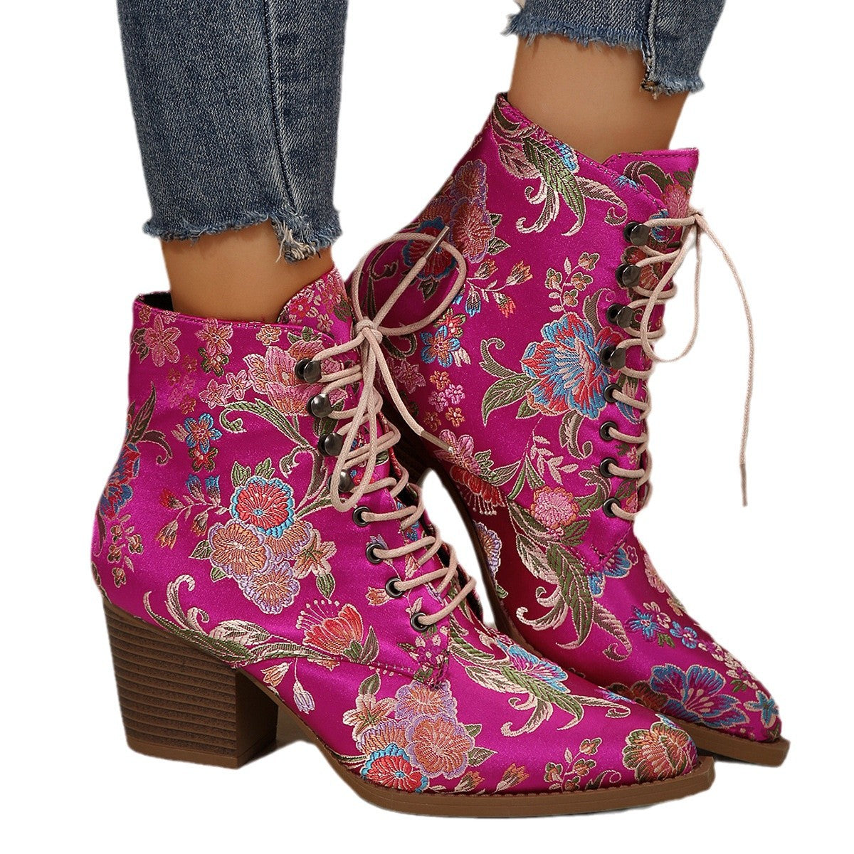 Women'S Chunky Heel Lace-Up Boots - Pointed Toe, PU Synthetic Cover for Parties, Formal & Casual Attire - Non-Slip Cushioned Insole - Winter Booties in Pink (European/American Style), Elegant Bootie For Women,