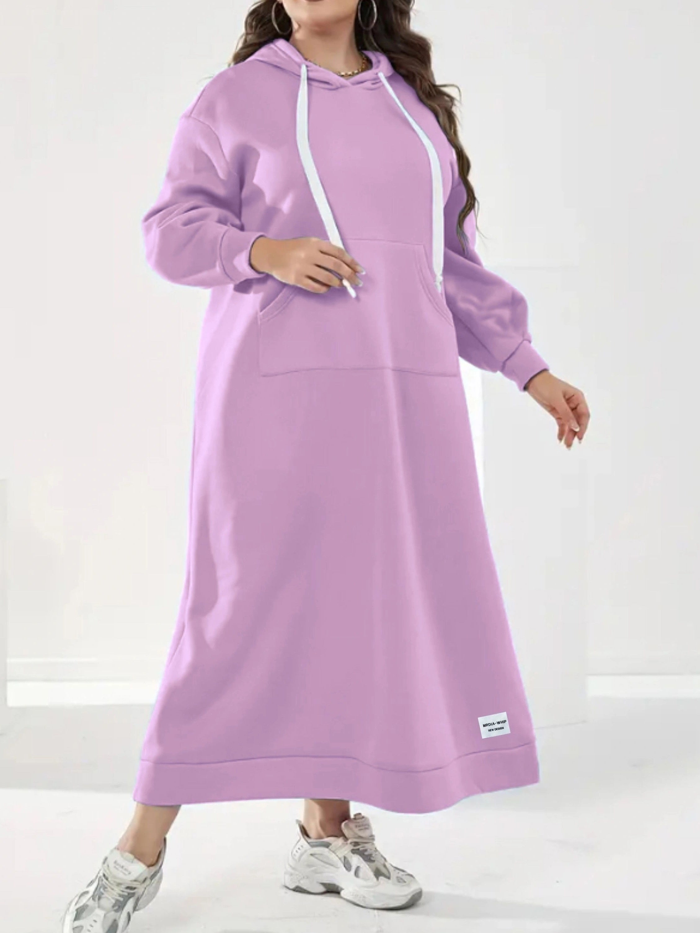 Plus Size Solid Hooded Dress - Soft, Cozy, Long Sleeve with Drawstring Kangaroo Pocket - Casual Maxi Dress for Fall & Winter, Women's Comfortable Plus Size Clothing for Everyday Wear