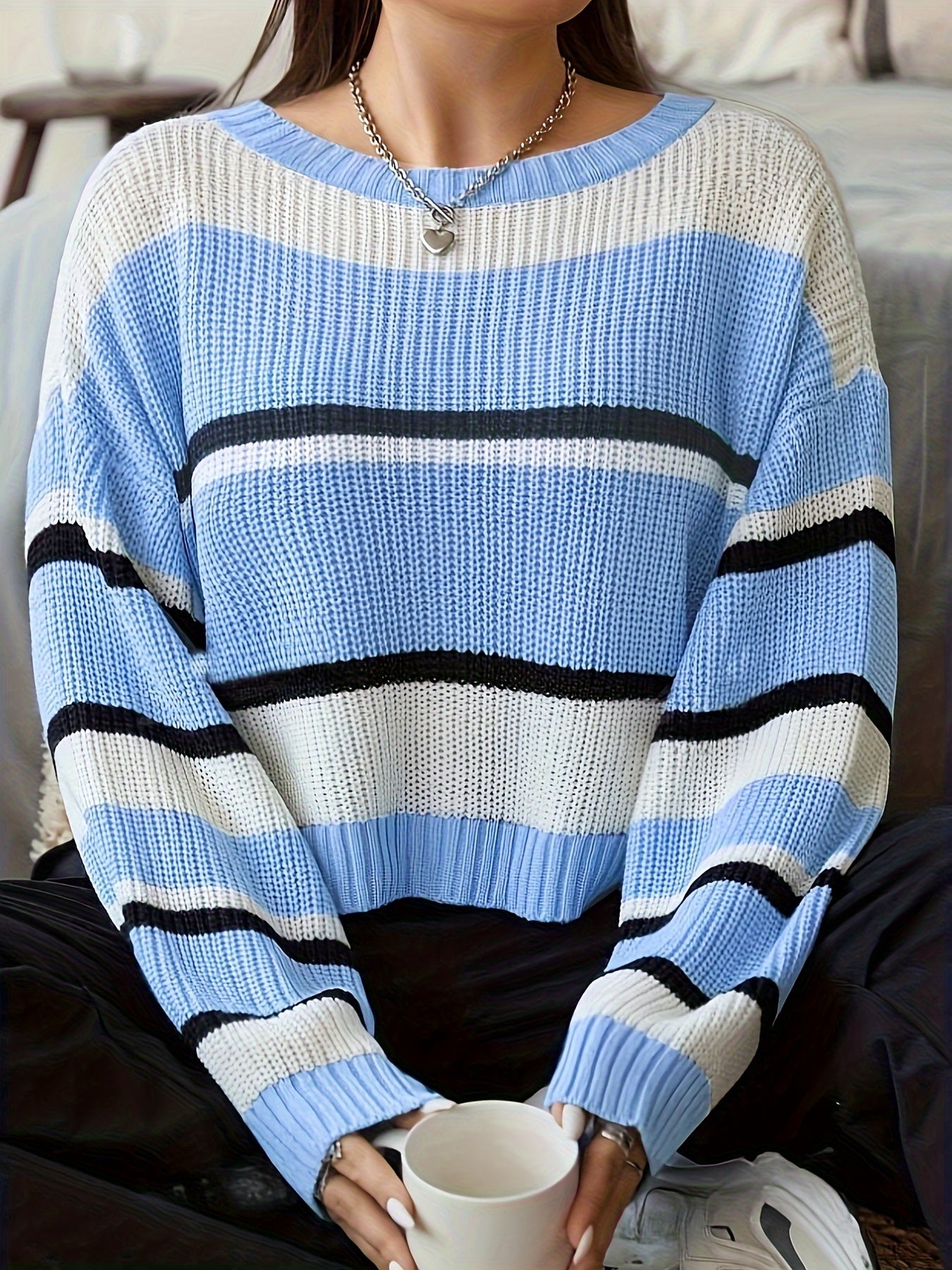 Plus Size Striped Pattern Sweater, Casual Drop Shoulder Crew Neck Knitted Top, Women's Plus Size Clothing