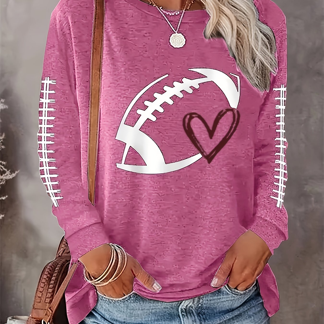 Plus Size Football Print Crew Neck T-shirt, Casual Long Sleeve Top For Spring & Fall, Women's Plus Size Clothing