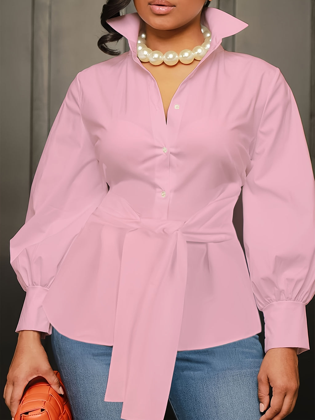 [Plus Size Solid Collar Shirt] Plus Size Solid Collared Shirt, Casual Long Sleeve Button Front Shirt, Women's Plus Size Clothing