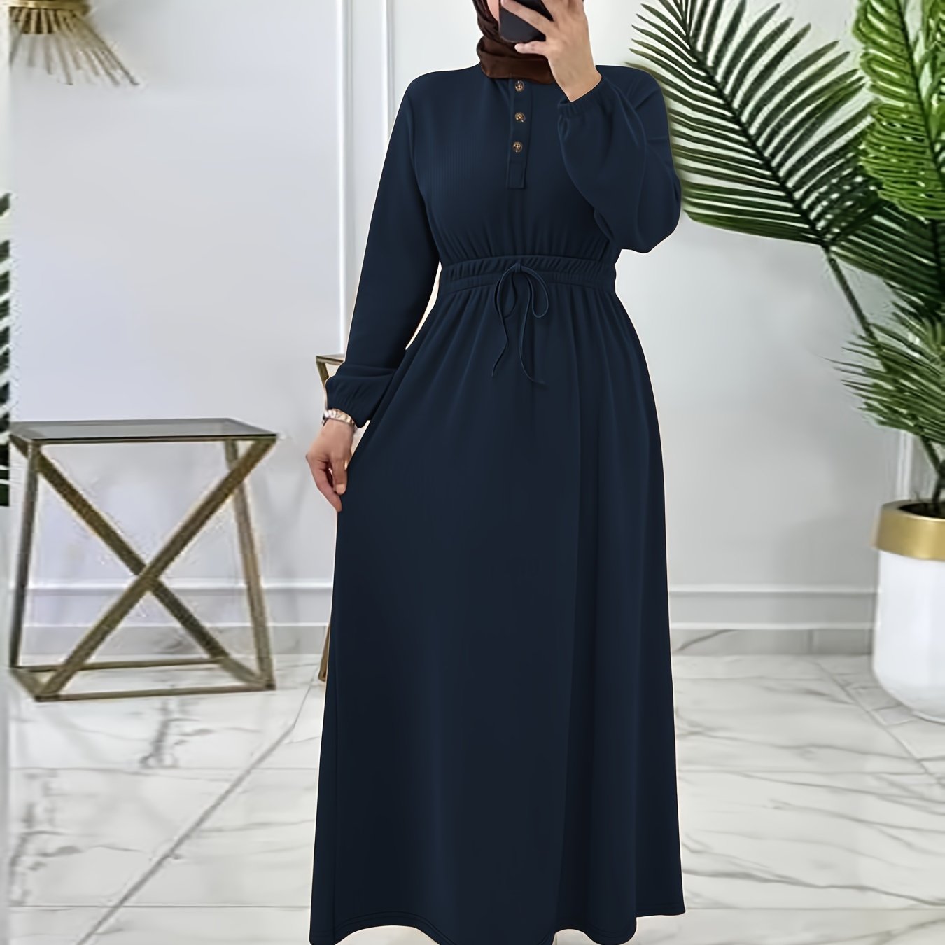 Elegant Navy Blue Maxi Dress for Women - Casual Solid Color with Button Detail, Long Sleeves, Polyester & Spandex Blend, Machine Washable - Perfect for All Seasons