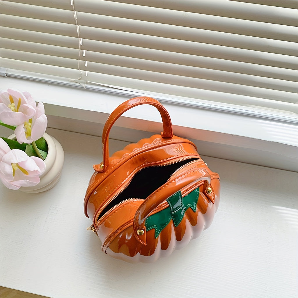 Pumpkin Shaped Satchel Novelty Crossbody Bag, PU Leather Creative Bag Purse, Fancy Versatile Fashion Halloween Candy Bag