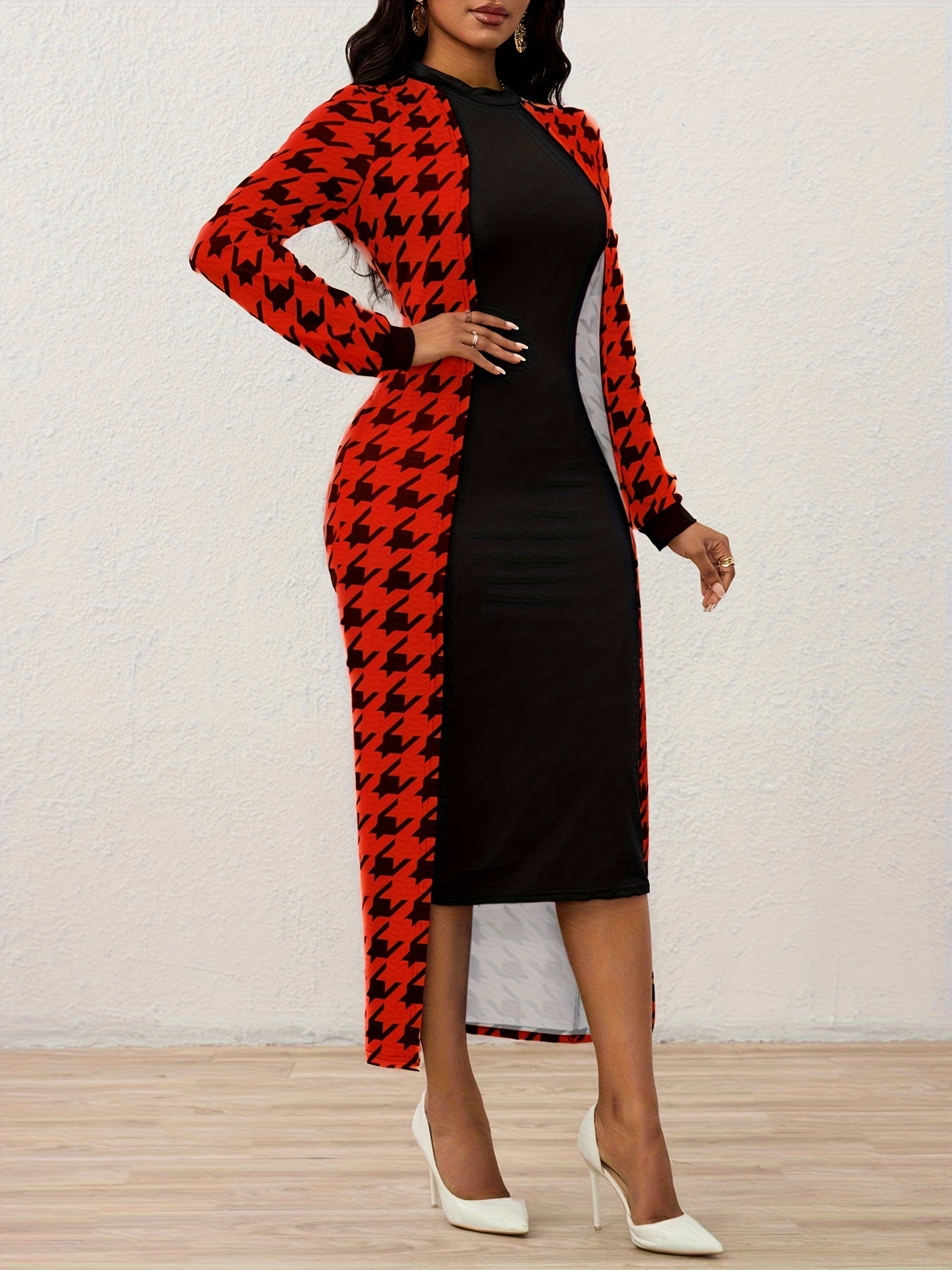 Elegant Long-Sleeve Houndstooth Maxi Dress | Spring Season, Fitted Style, Conventional Collar